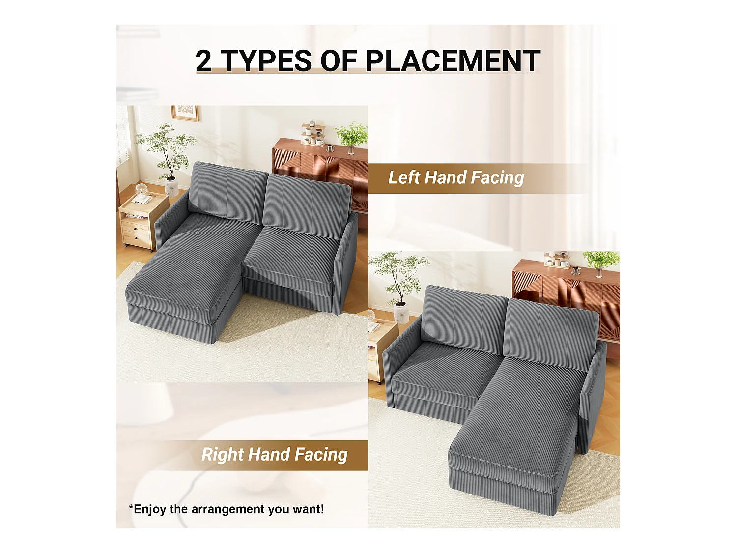 Canapé d'angle 2 places - angle droit / gauche réversible - 180x140x86cm - en Tissu Velours côtelé - Charge max 300kg - Gris anthracite