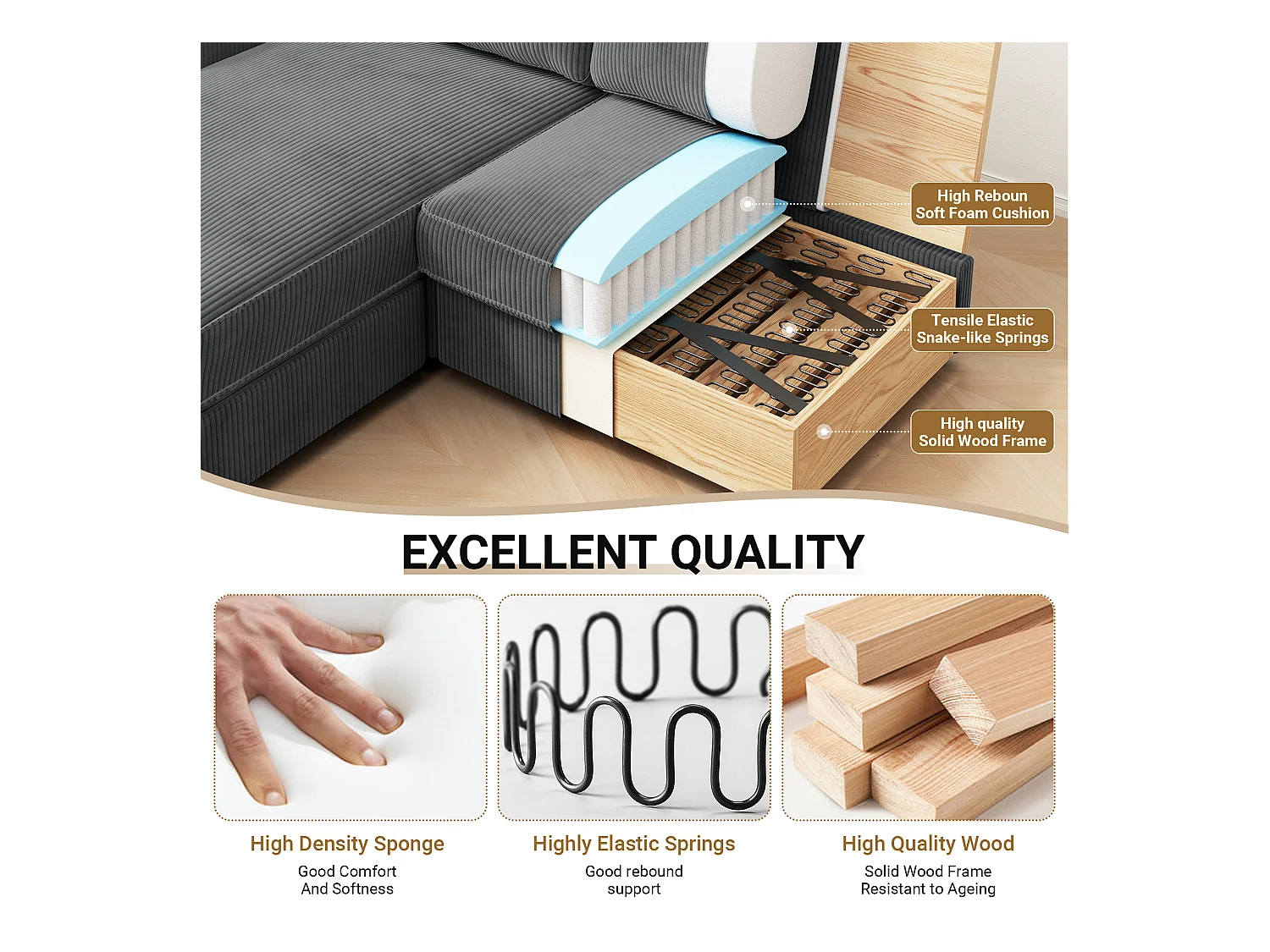 Canapé d'angle 2 places - angle droit / gauche réversible - 180x140x86cm - en Tissu Velours côtelé - Charge max 300kg - Gris anthracite