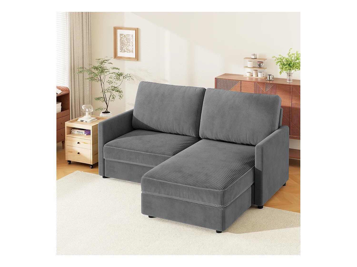 Canapé d'angle 2 places - angle droit / gauche réversible - 180x140x86cm - en Tissu Velours côtelé - Charge max 300kg - Gris anthracite