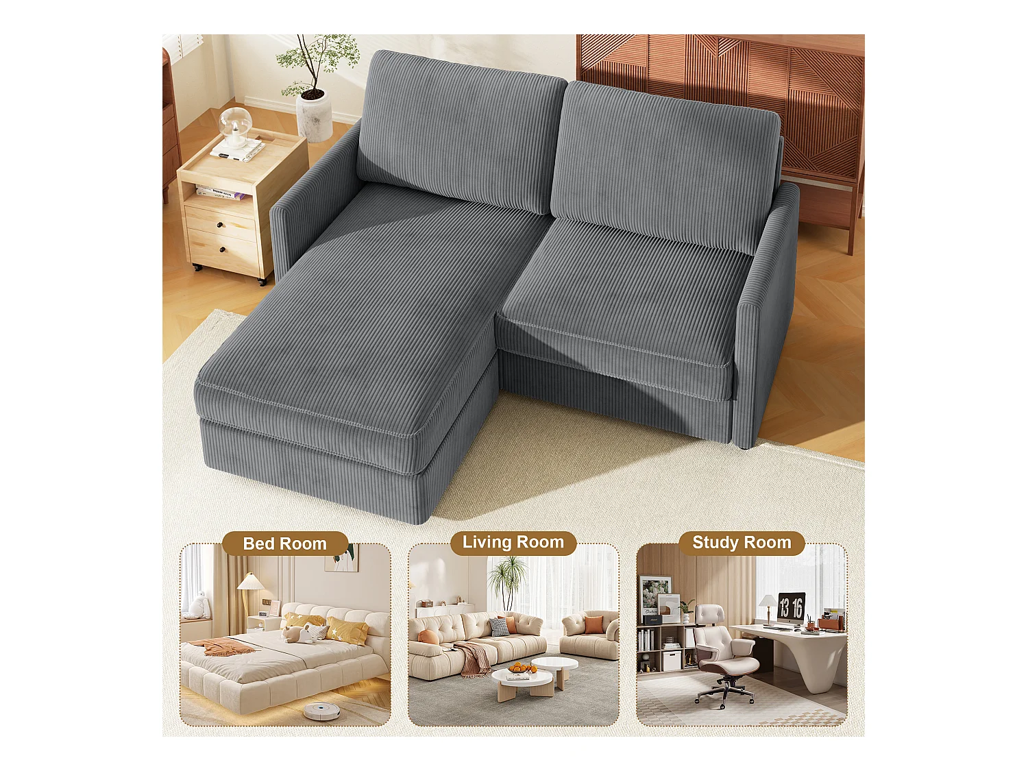 Canapé d'angle 2 places - angle droit / gauche réversible - 180x140x86cm - en Tissu Velours côtelé - Charge max 300kg - Gris anthracite