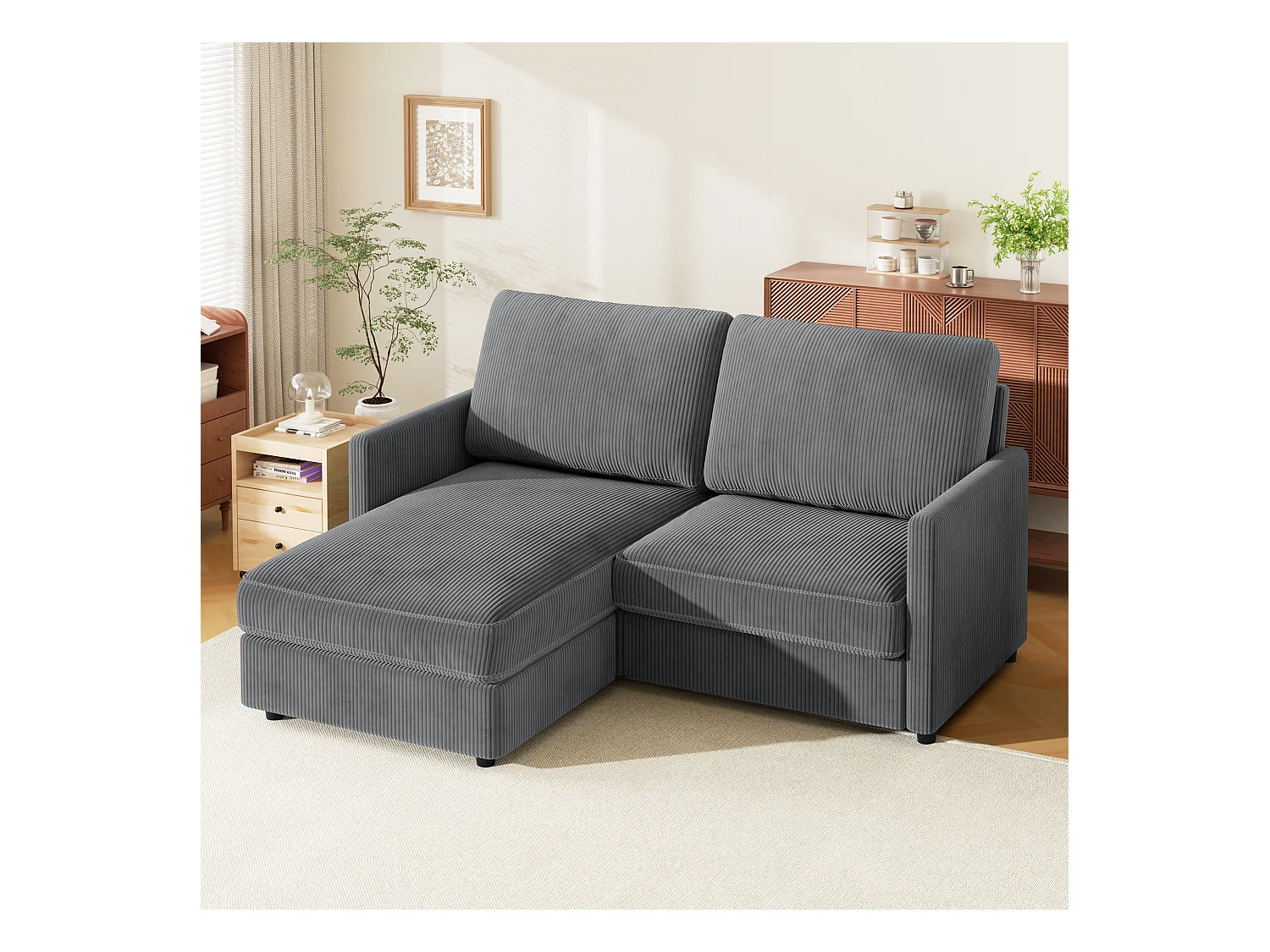 Canapé d'angle 2 places - angle droit / gauche réversible - 180x140x86cm - en Tissu Velours côtelé - Charge max 300kg - Gris anthracite