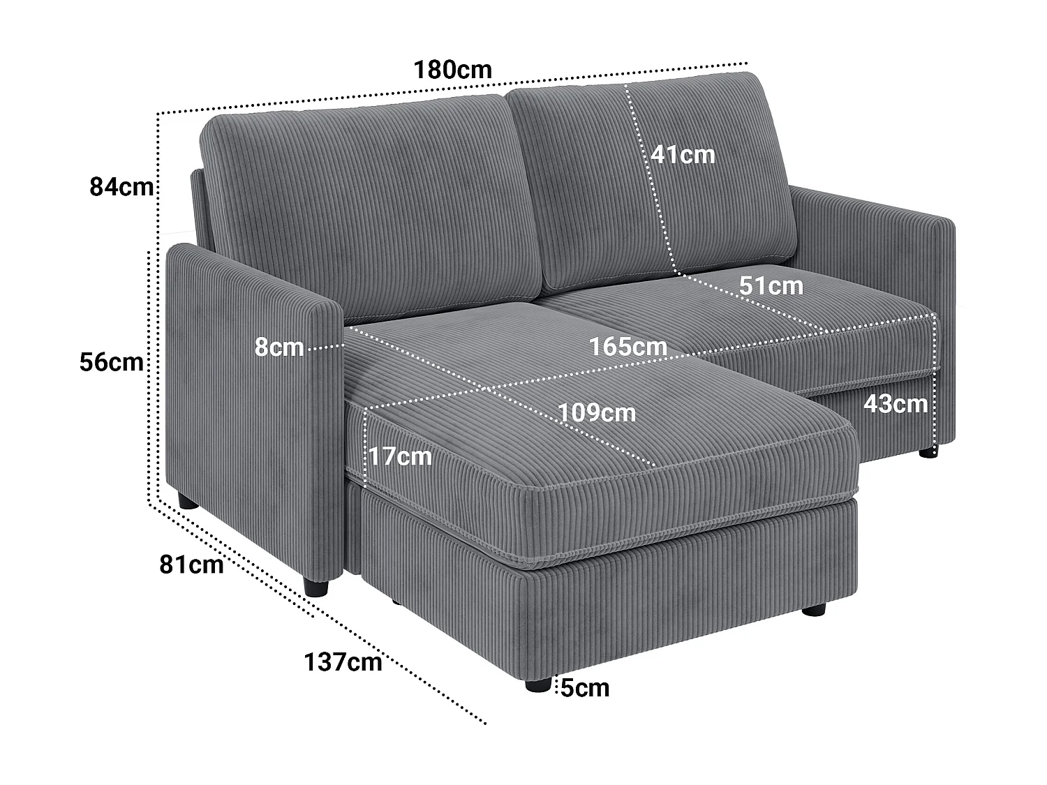 Canapé d'angle 2 places - angle droit / gauche réversible - 180x140x86cm - en Tissu Velours côtelé - Charge max 300kg - Gris anthracite