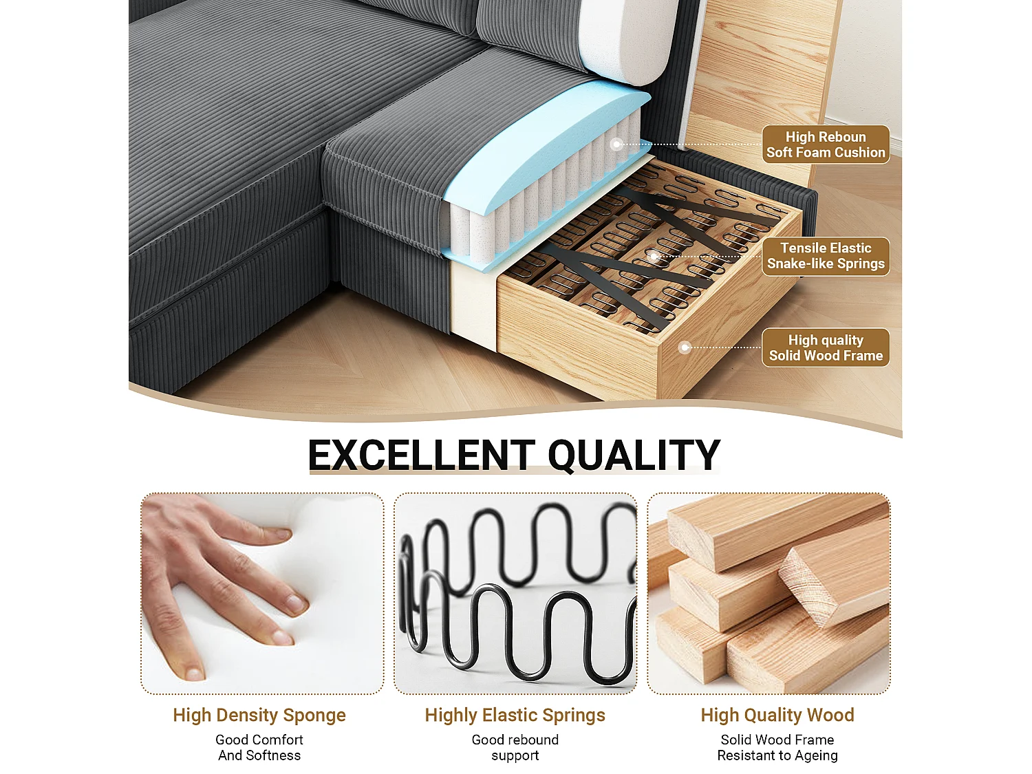 Canapé d'angle 2 places - angle droit / gauche réversible - 180x140x86cm - en Tissu Velours côtelé - Charge max 300kg - Gris anthracite