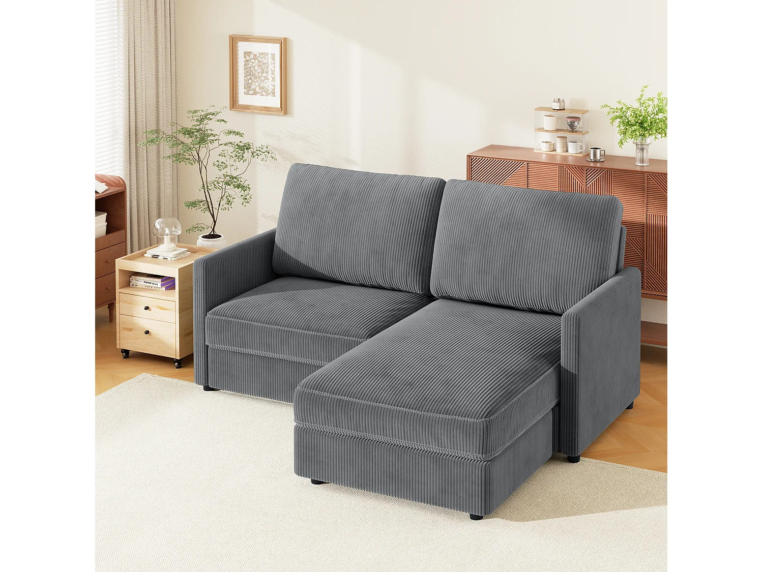 Canapé d'angle 2 places - angle droit / gauche réversible - 180x140x86cm - en Tissu Velours côtelé - Charge max 300kg - Gris anthracite