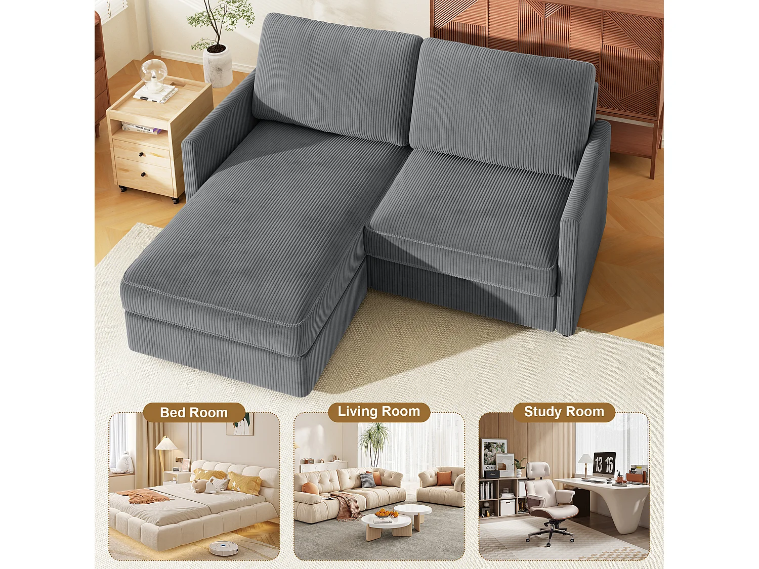 Canapé d'angle 2 places - angle droit / gauche réversible - 180x140x86cm - en Tissu Velours côtelé - Charge max 300kg - Gris anthracite