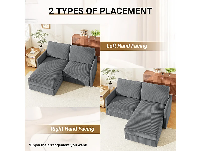 2 -seer Ecksofa - Reversible Right / Linkswinkel - 180 x 140 x 86 cm - in geripptem Samtstoff - max. 300 kg Last - Anthrazitgrau
