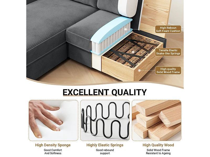 2 -seer Ecksofa - Reversible Right / Linkswinkel - 180 x 140 x 86 cm - in geripptem Samtstoff - max. 300 kg Last - Anthrazitgrau