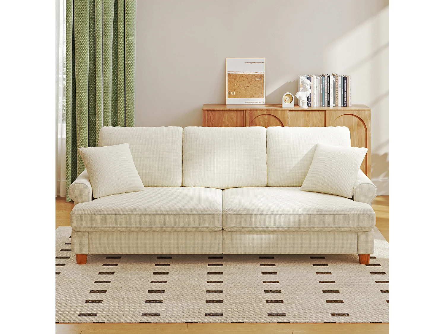 Canapé confort 3 places, Tissu en Chenille, avec accoudoirs,coussins et 2 oreillers, Charge max 365 kg - 220x76x86 cm