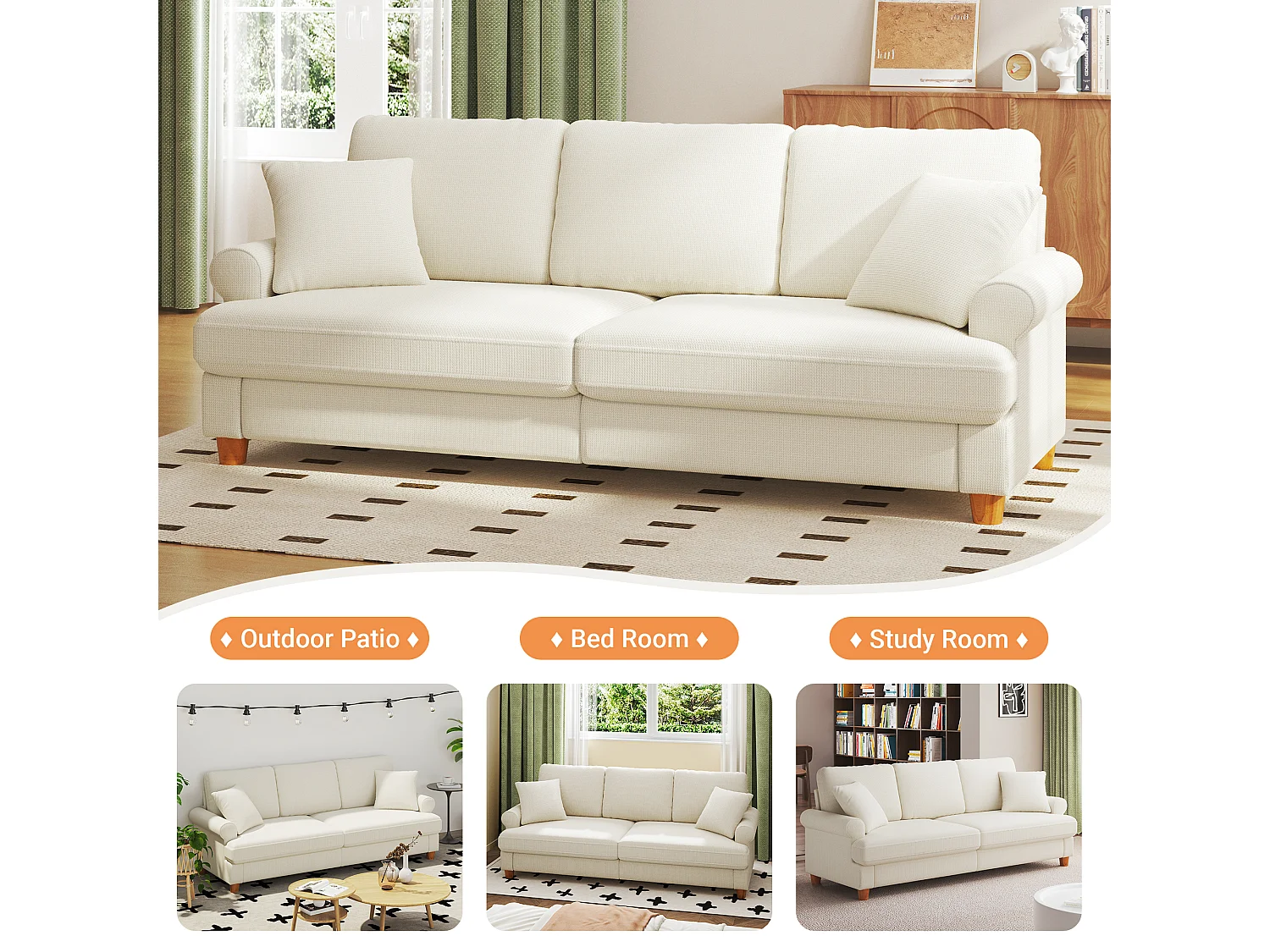 Canapé confort 3 places, Tissu en Chenille, avec accoudoirs,coussins et 2 oreillers, Charge max 365 kg - 220x76x86 cm