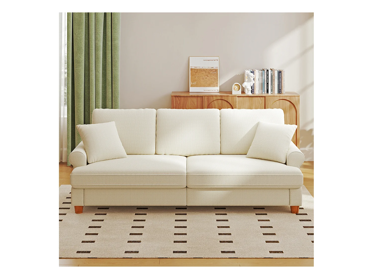 Sofá de comodidad de 3 salones, tela de oruga, con reposabrazos, cojines y 2 almohadas, carga máxima 365 kg - 220x76x86 cm