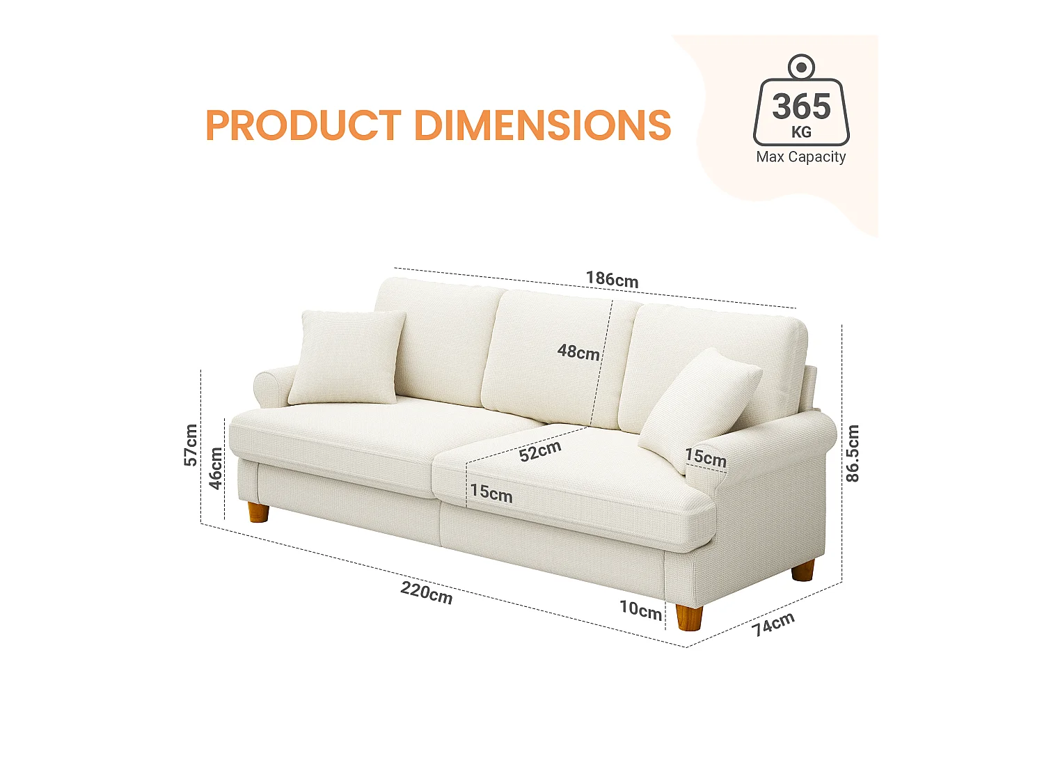Canapé confort 3 places, Tissu en Chenille, avec accoudoirs,coussins et 2 oreillers, Charge max 365 kg - 220x76x86 cm