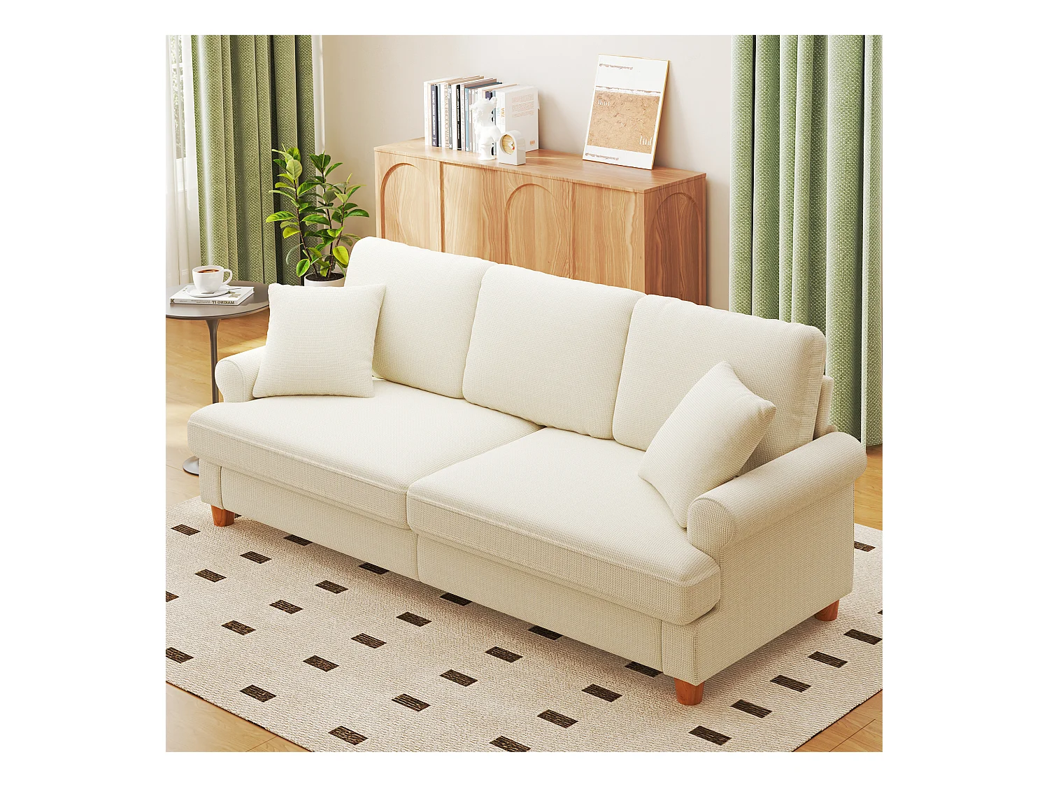 Canapé confort 3 places, Tissu en Chenille, avec accoudoirs,coussins et 2 oreillers, Charge max 365 kg - 220x76x86 cm