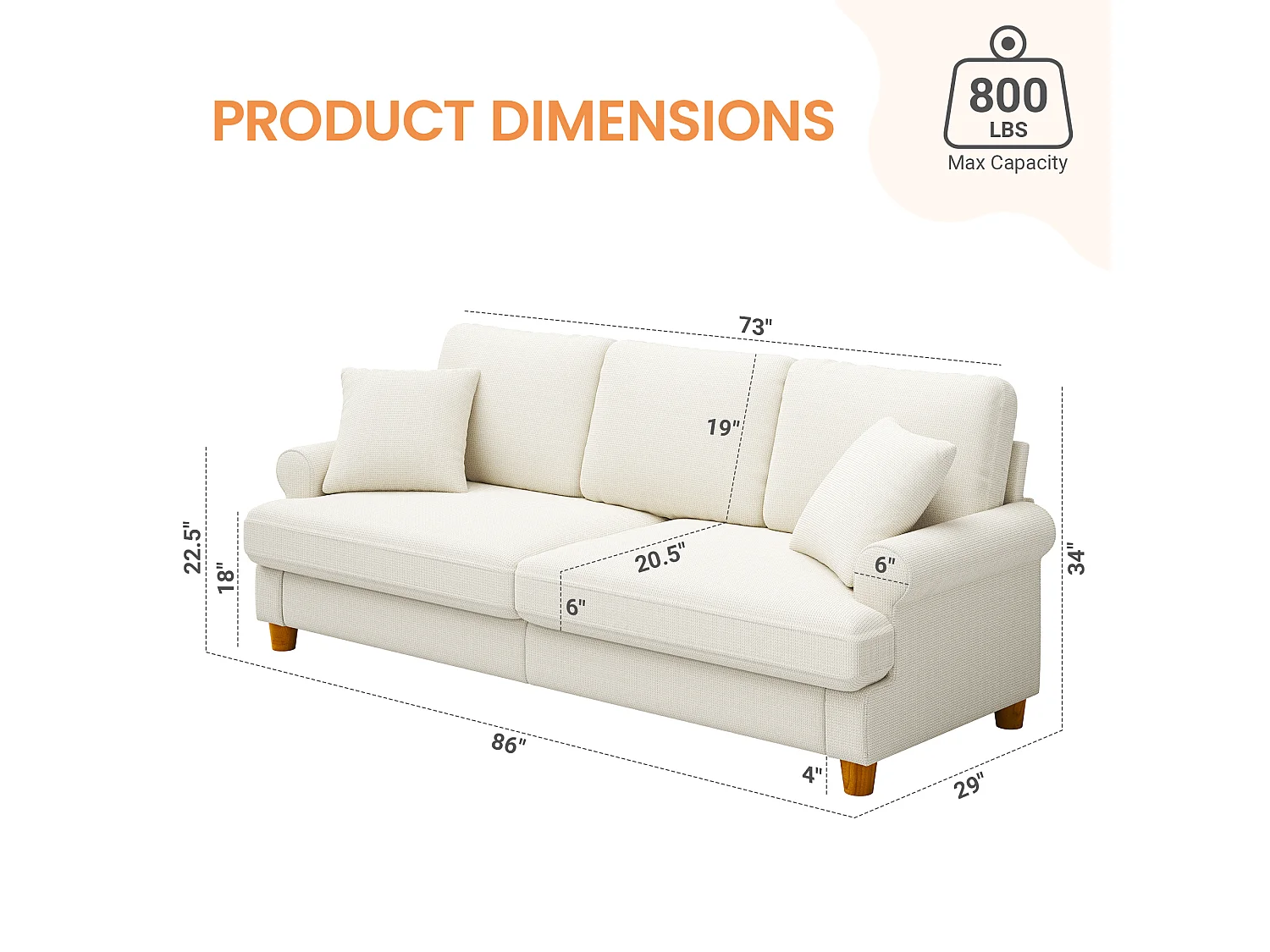Canapé confort 3 places, Tissu en Chenille, avec accoudoirs,coussins et 2 oreillers, Charge max 365 kg - 220x76x86 cm