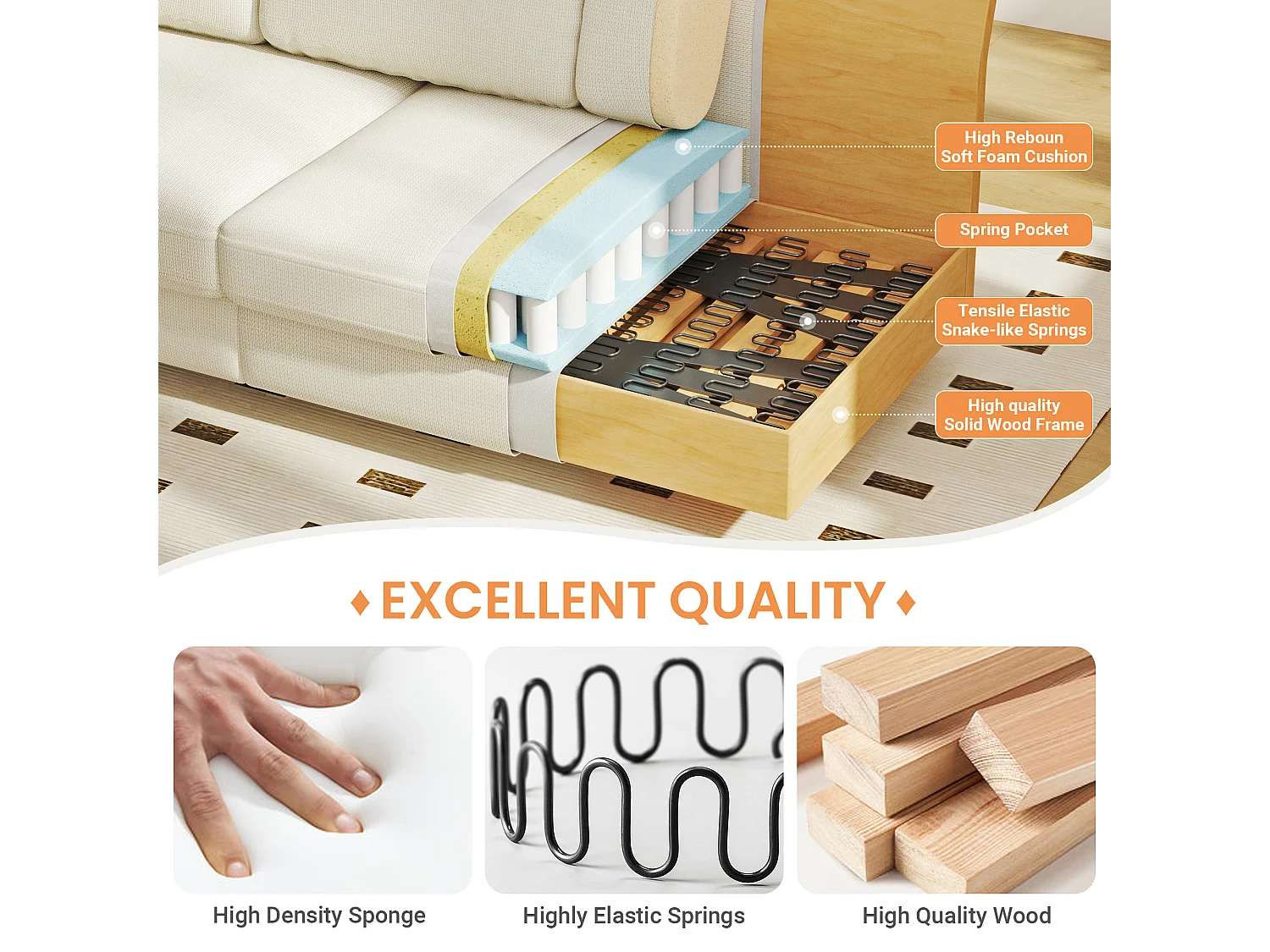 Canapé confort 3 places, Tissu en Chenille, avec accoudoirs,coussins et 2 oreillers, Charge max 365 kg - 220x76x86 cm