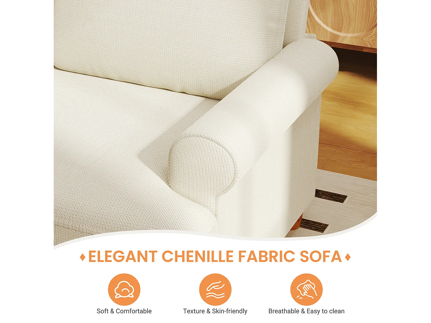 Canapé confort 3 places, Tissu en Chenille, avec accoudoirs,coussins et 2 oreillers, Charge max 365 kg - 220x76x86 cm