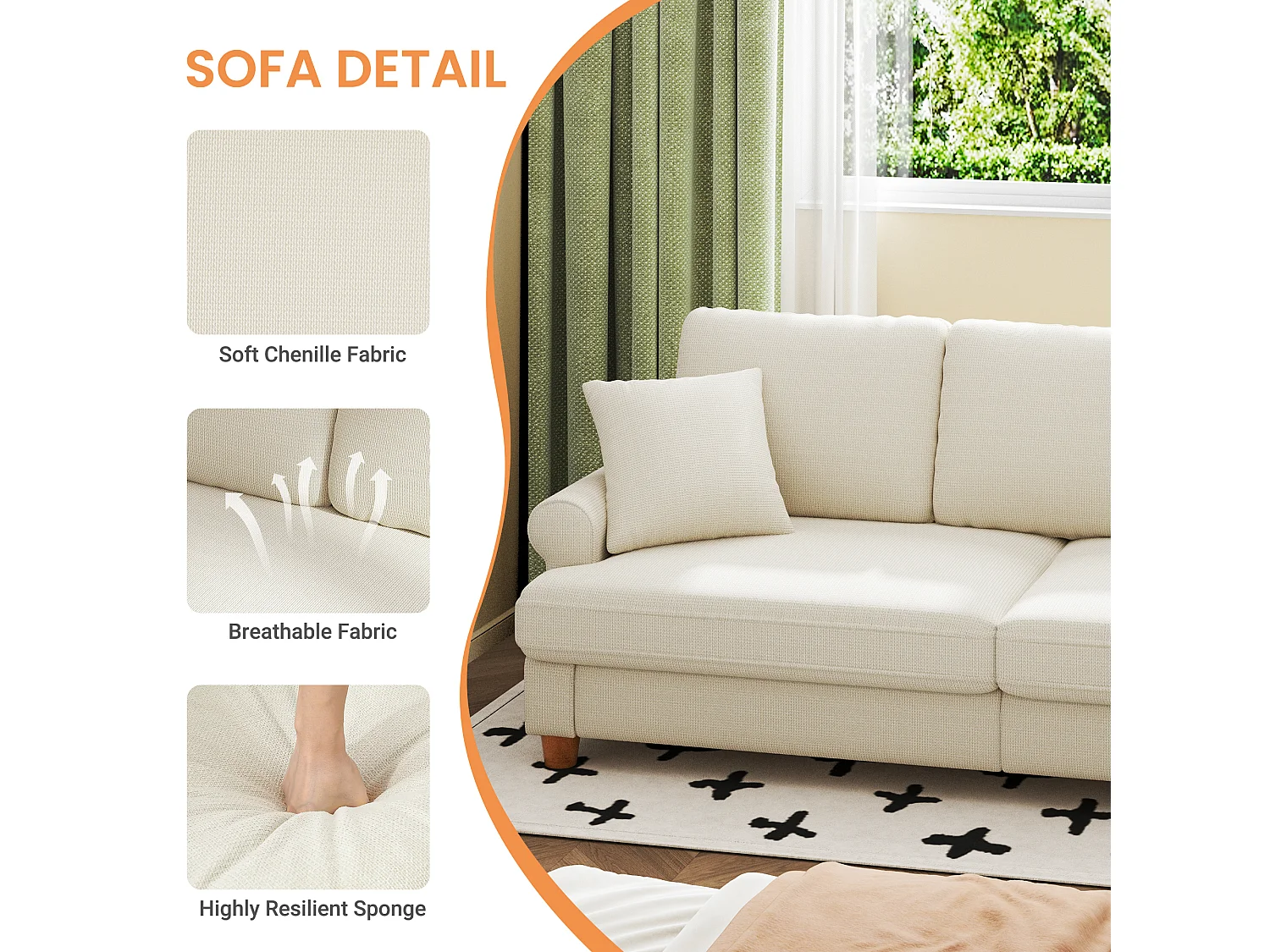 Canapé confort 3 places, Tissu en Chenille, avec accoudoirs,coussins et 2 oreillers, Charge max 365 kg - 220x76x86 cm