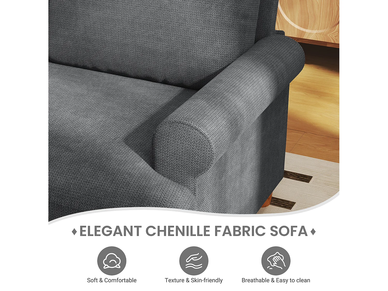 Divano comfort da 3 secondi, tessuto di bruco, con braccioli, cuscini e 2 cuscini, carico massimo 365 kg - 220x76x86 cm