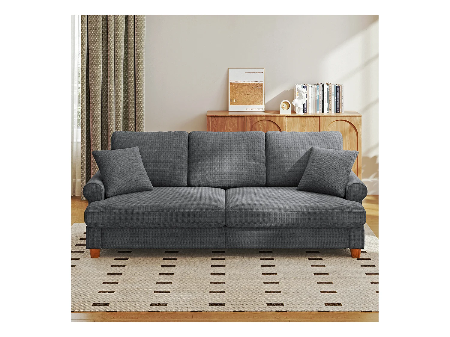 Sofá de comodidad de 3 salones, tela de oruga, con reposabrazos, cojines y 2 almohadas, carga máxima 365 kg - 220x76x86 cm