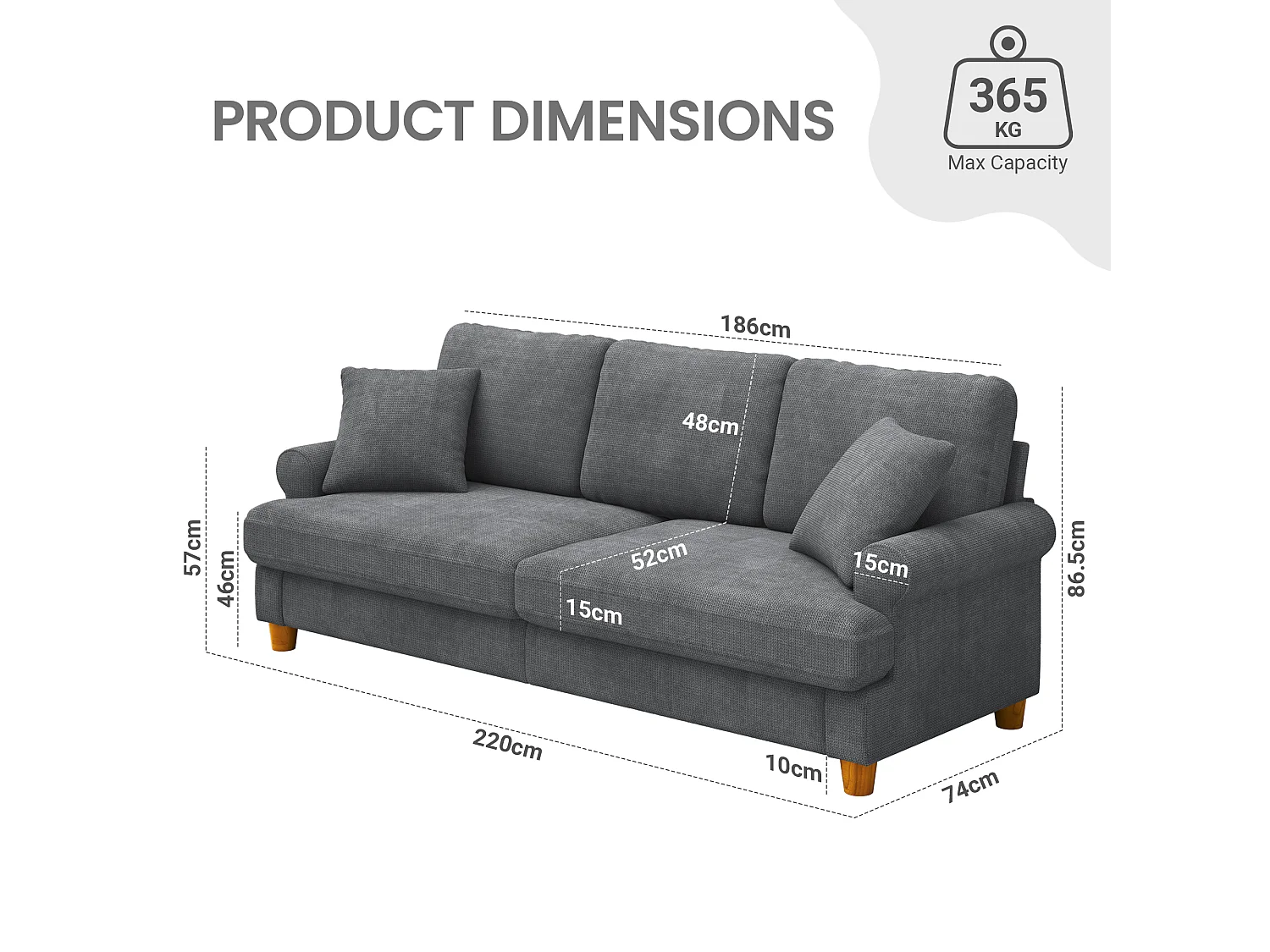 Canapé confort 3 places, Tissu en Chenille, avec accoudoirs,coussins et 2 oreillers, Charge max 365 kg - 220x76x86 cm