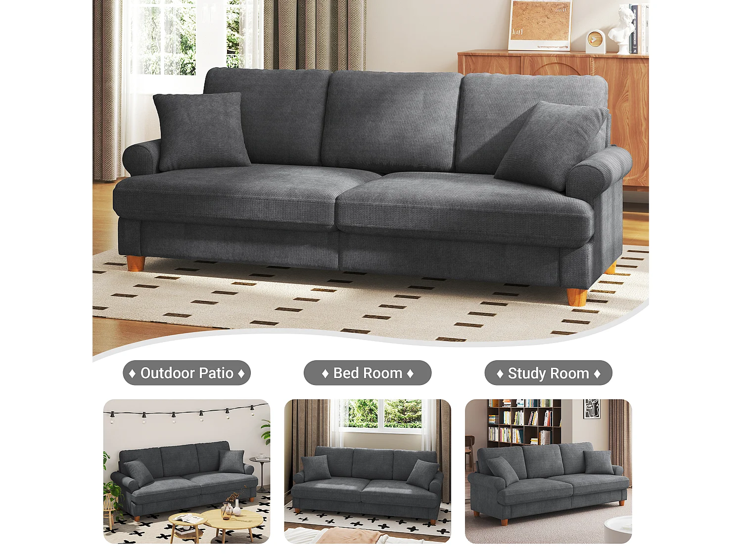 Canapé confort 3 places, Tissu en Chenille, avec accoudoirs,coussins et 2 oreillers, Charge max 365 kg - 220x76x86 cm