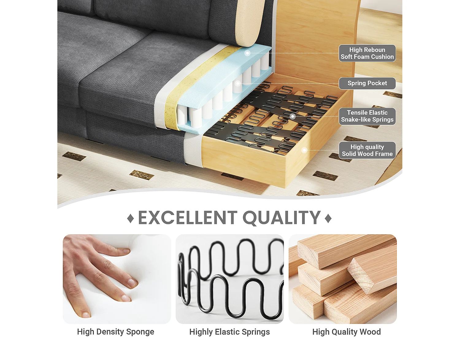 Canapé confort 3 places, Tissu en Chenille, avec accoudoirs,coussins et 2 oreillers, Charge max 365 kg - 220x76x86 cm