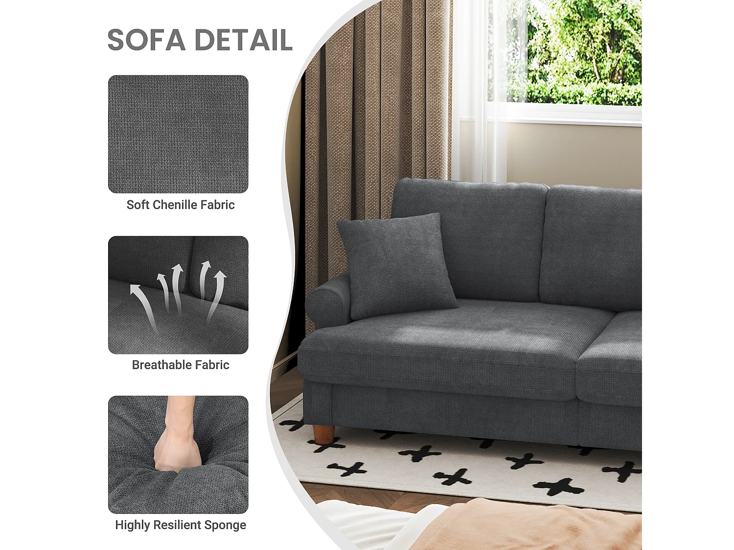 Canapé confort 3 places, Tissu en Chenille, avec accoudoirs,coussins et 2 oreillers, Charge max 365 kg - 220x76x86 cm