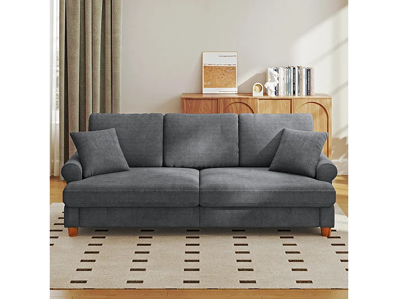 Canapé confort 3 places, Tissu en Chenille, avec accoudoirs,coussins et 2 oreillers, Charge max 365 kg - 220x76x86 cm