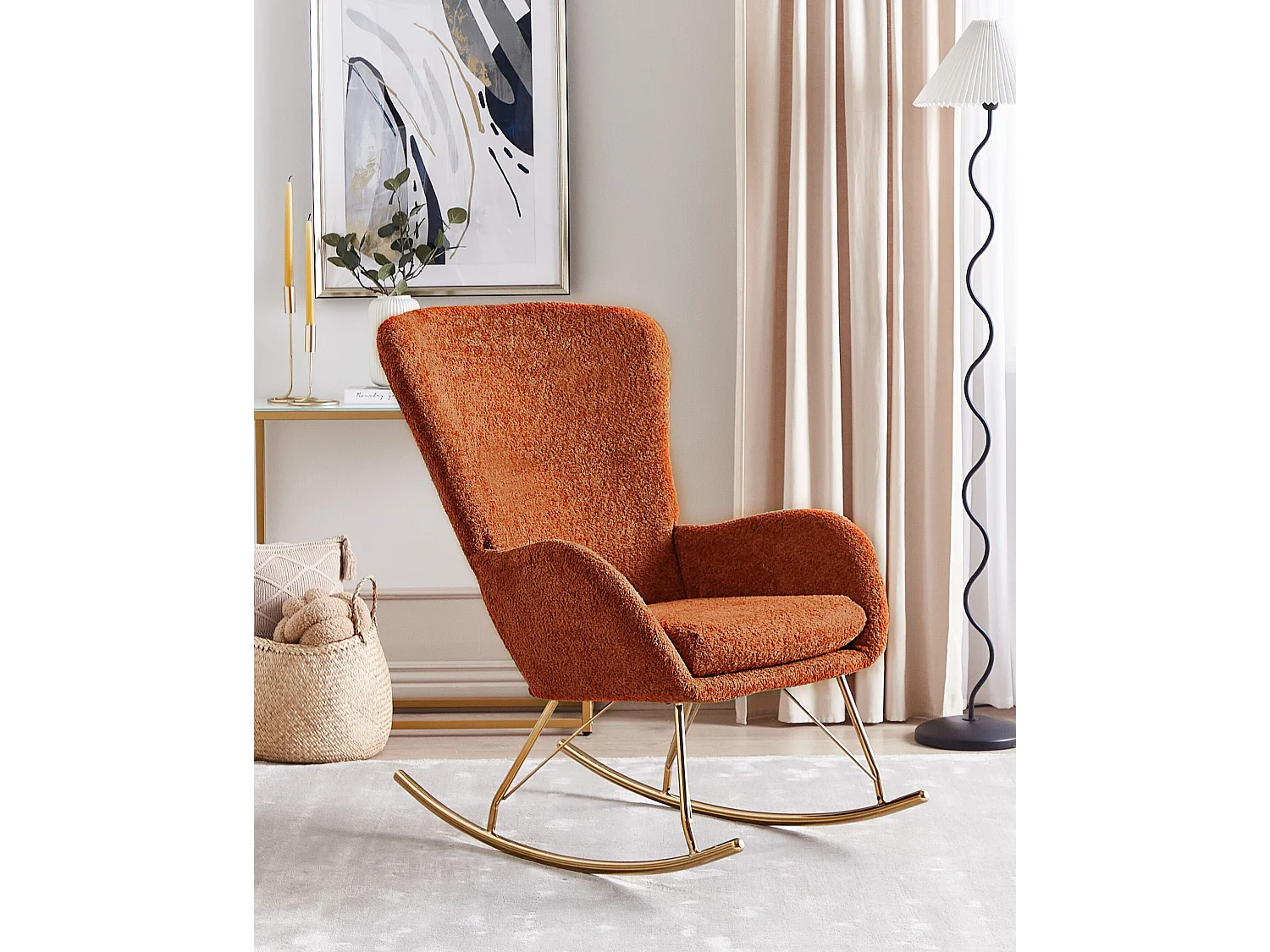 Schaukelsessel Bouclé Stoff orange/gold Schaukelstuhl modern elegant edel Anaset