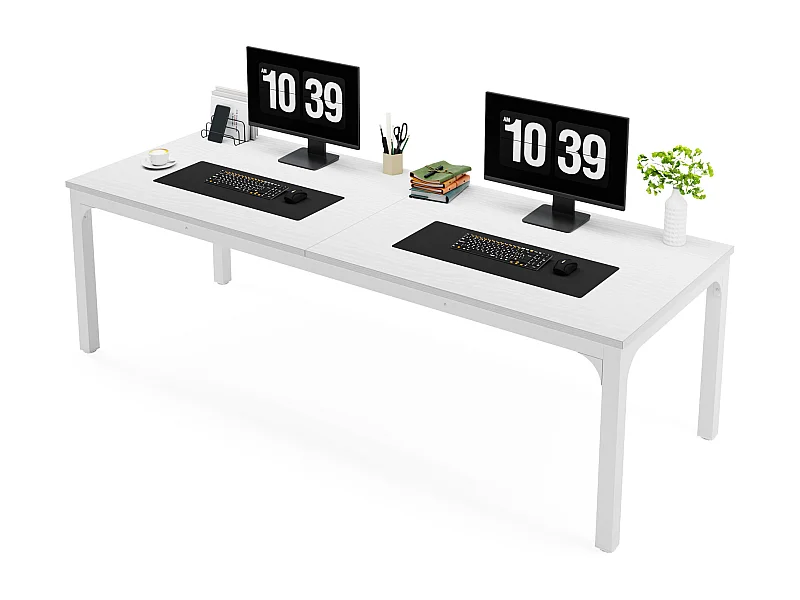 Computerbureau, 200 x 70 x 75 cm, bureau voor studenten en werknemers, dubbel bureau, lange computertafel, bureau voor studie, kantoor, wit