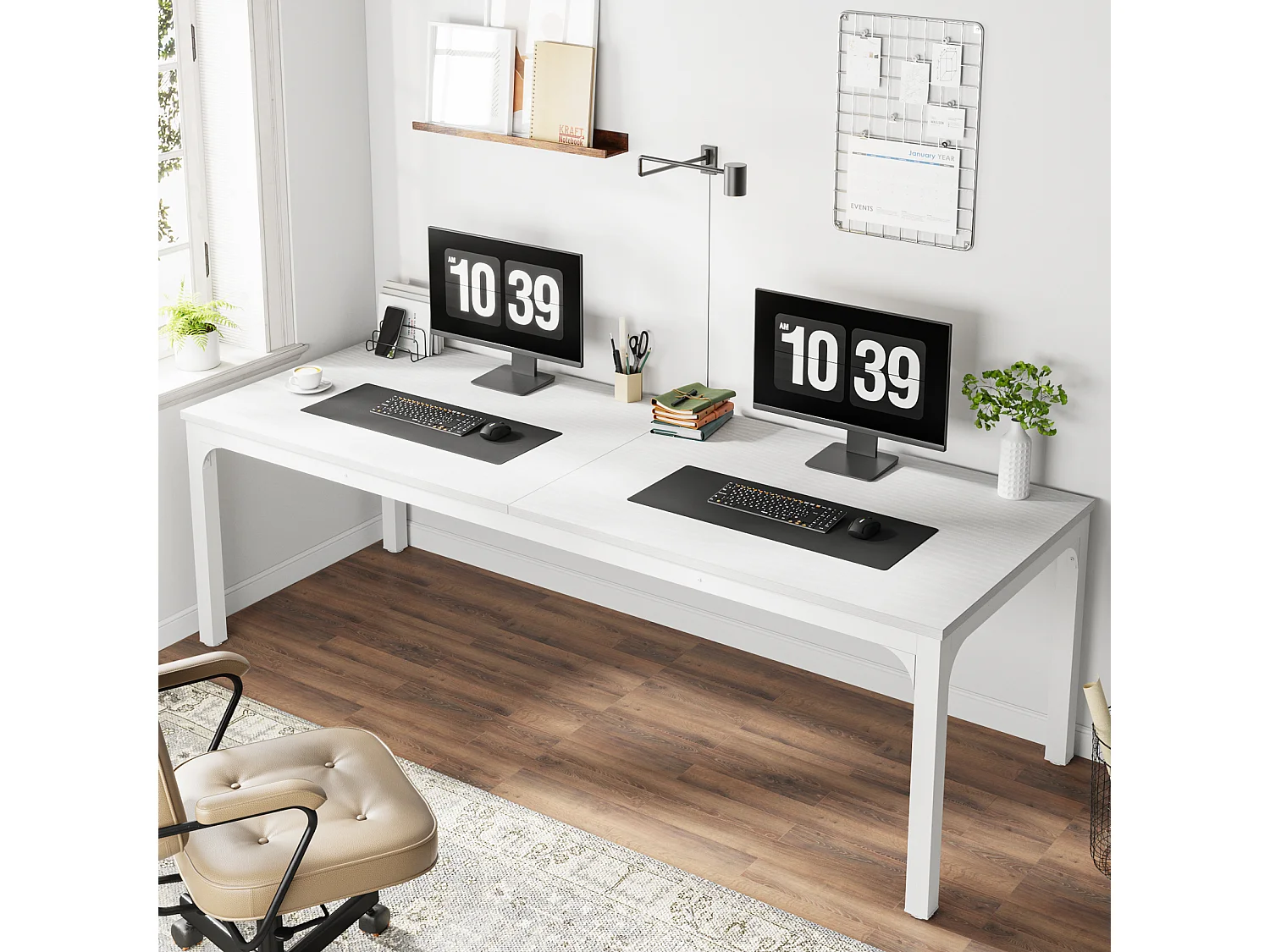 Computerbureau, 200 x 70 x 75 cm, bureau voor studenten en werknemers, dubbel bureau, lange computertafel, bureau voor studie, kantoor, wit