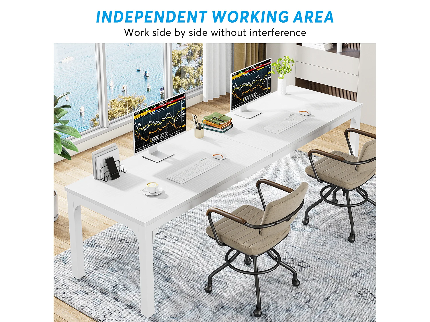 Computerbureau, 200 x 70 x 75 cm, bureau voor studenten en werknemers, dubbel bureau, lange computertafel, bureau voor studie, kantoor, wit