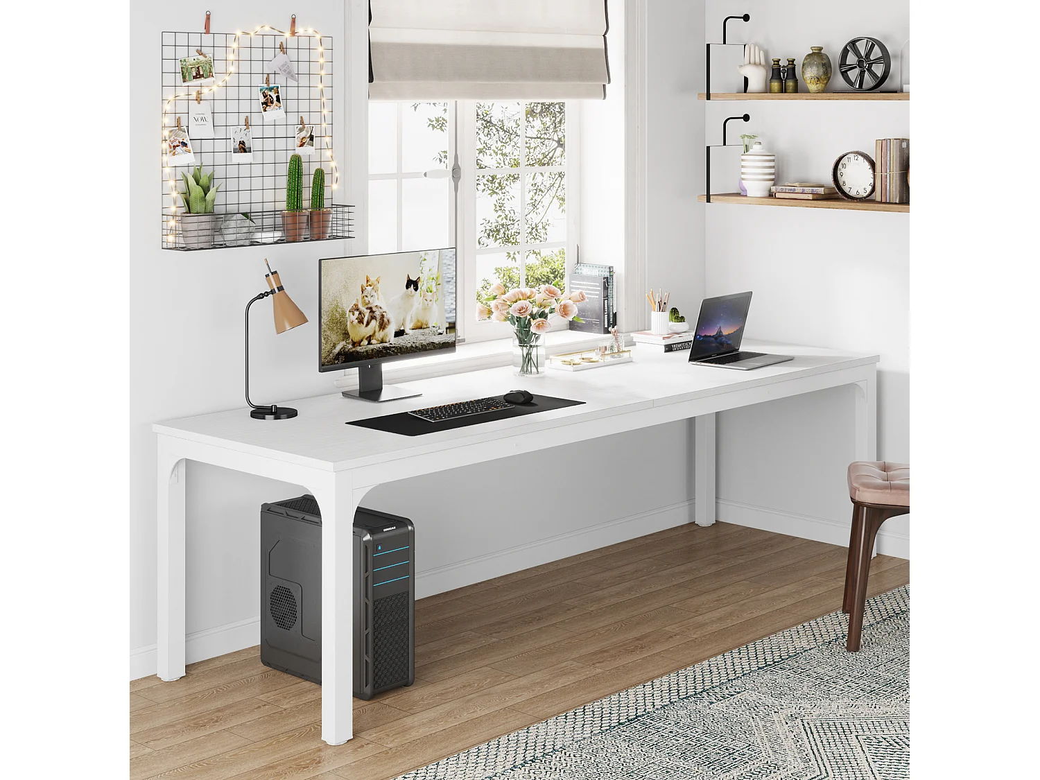 Bureau d'ordinateur, 200 x 70 x 75 cm, Bureau pour étudiants et Travailleurs, Bureau Double Longue Table d'ordinateur Bureau, Blanc