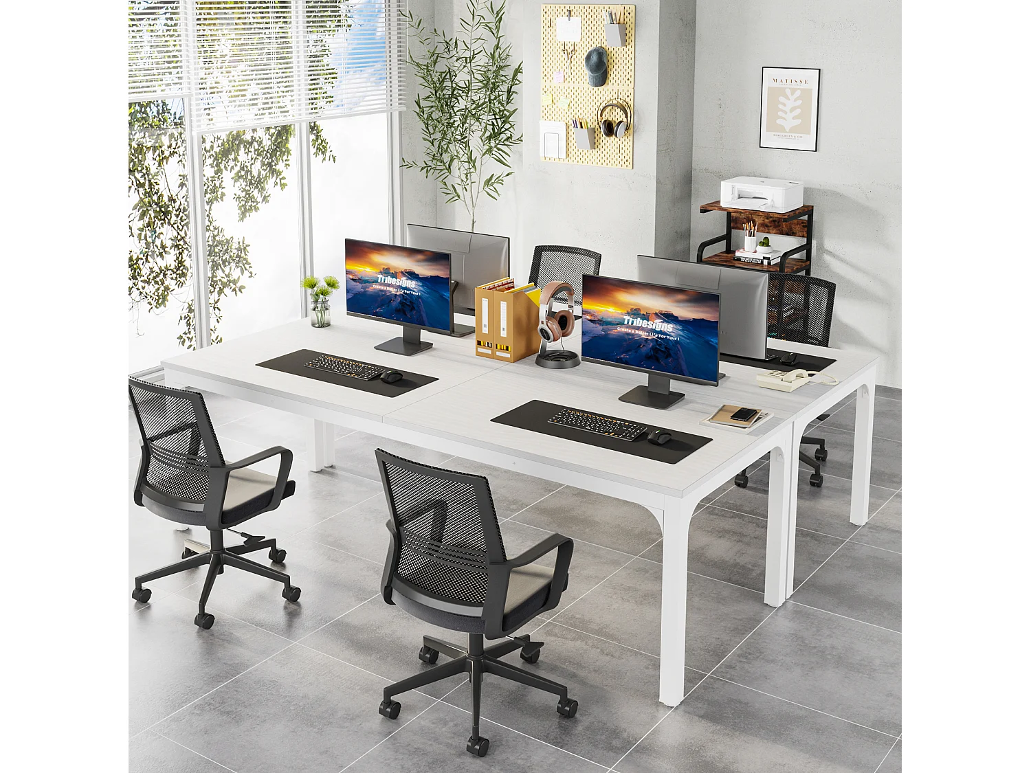 Bureau d'ordinateur, 200 x 70 x 75 cm, Bureau pour étudiants et Travailleurs, Bureau Double Longue Table d'ordinateur Bureau, Blanc