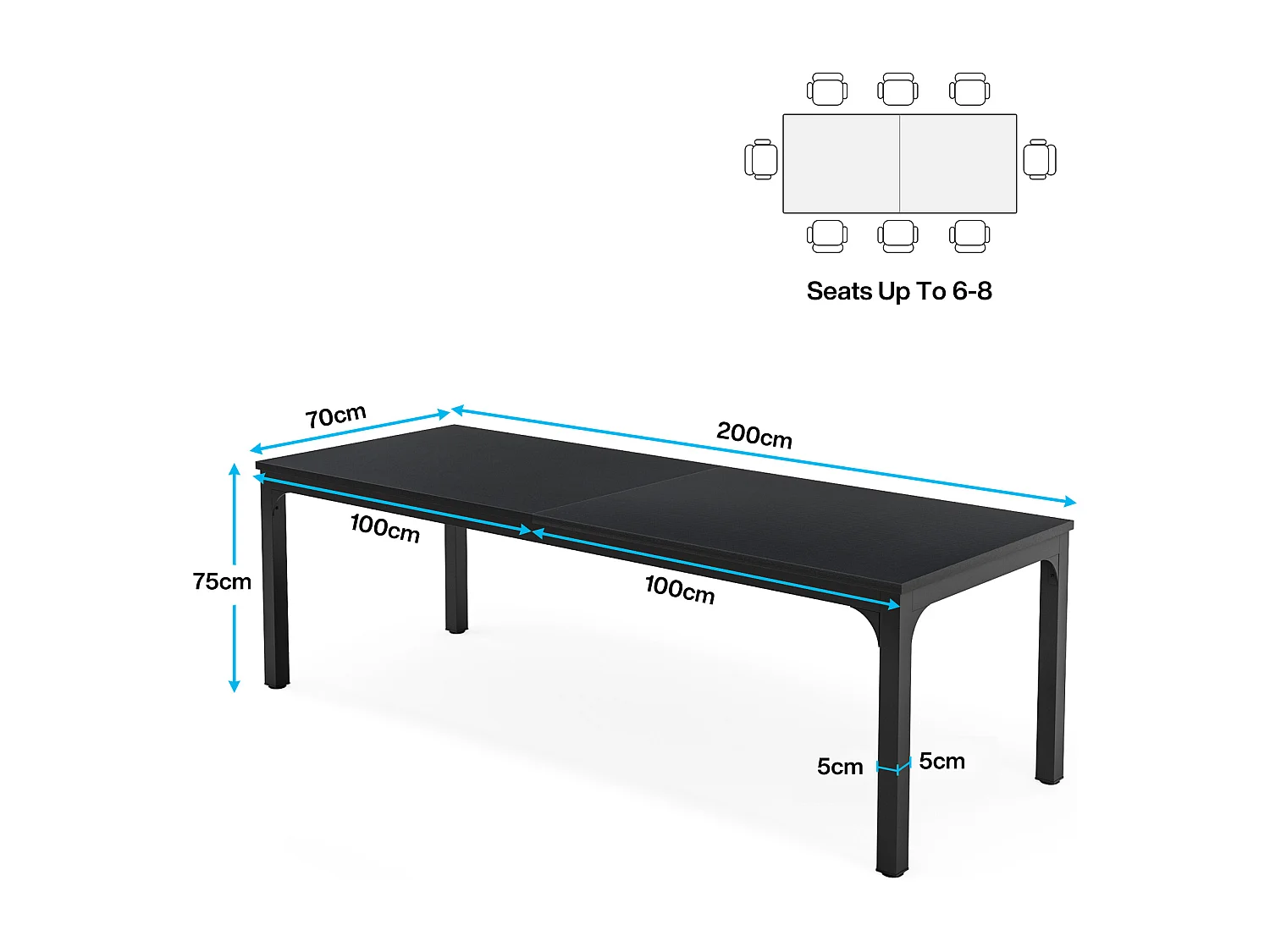 Bureau Informatique, Bureau pour Ordinateur Portable, Table d’étude, Table d'ordinateur Portable, Double Bureau Long 200 x 70 x 75 cm, Noir