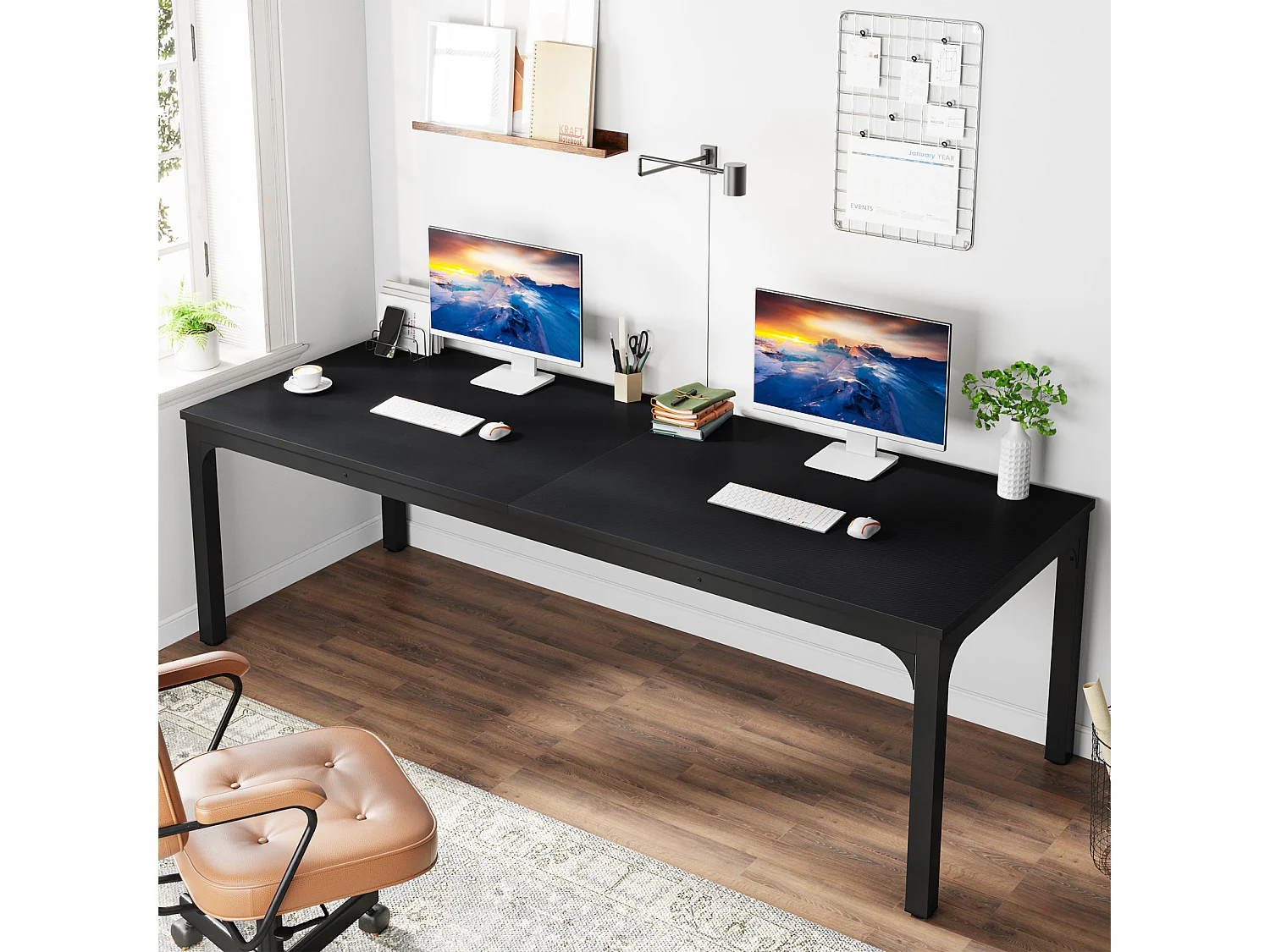 Bureau Informatique, Bureau pour Ordinateur Portable, Table d’étude, Table d'ordinateur Portable, Double Bureau Long 200 x 70 x 75 cm, Noir