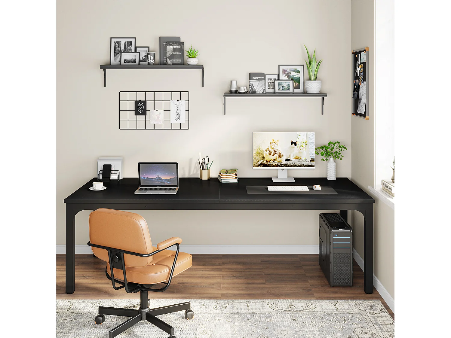 Bureau Informatique, Bureau pour Ordinateur Portable, Table d’étude, Table d'ordinateur Portable, Double Bureau Long 200 x 70 x 75 cm, Noir