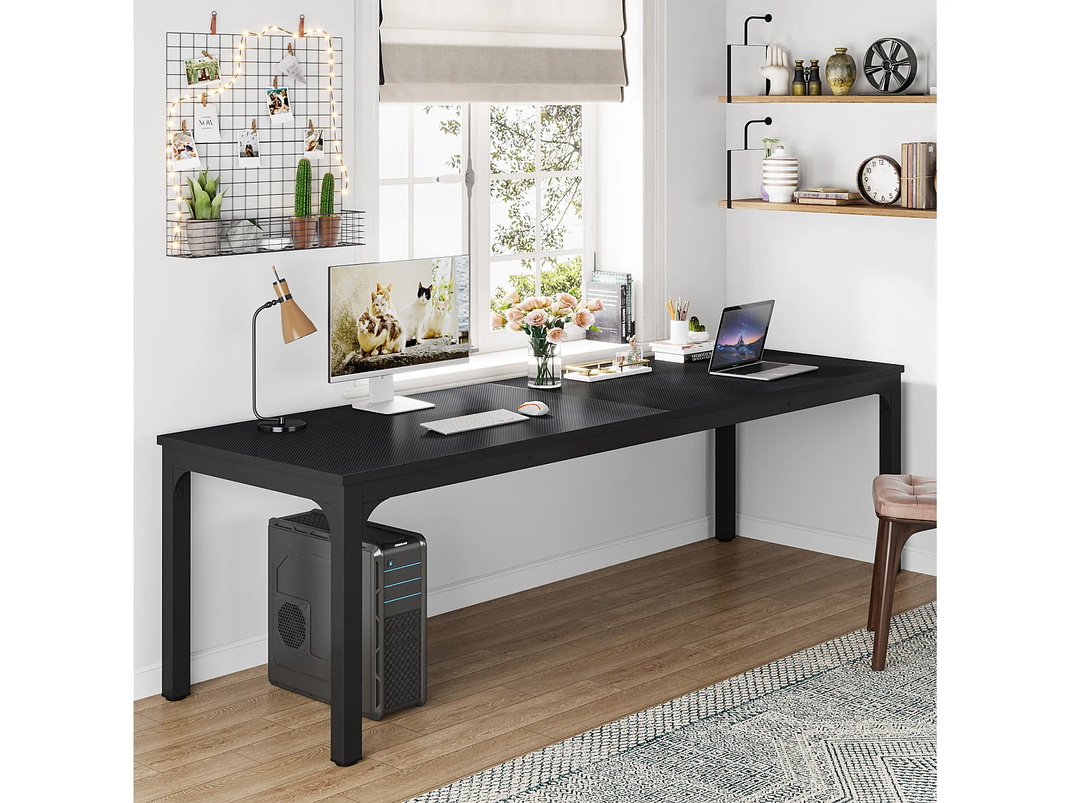 Bureau Informatique, Bureau pour Ordinateur Portable, Table d’étude, Table d'ordinateur Portable, Double Bureau Long 200 x 70 x 75 cm, Noir