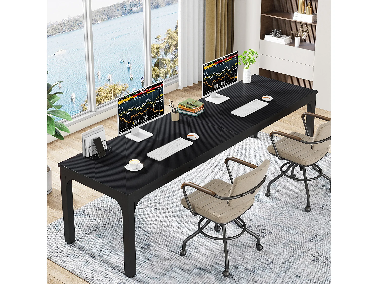 Bureau Informatique, Bureau pour Ordinateur Portable, Table d’étude, Table d'ordinateur Portable, Double Bureau Long 200 x 70 x 75 cm, Noir