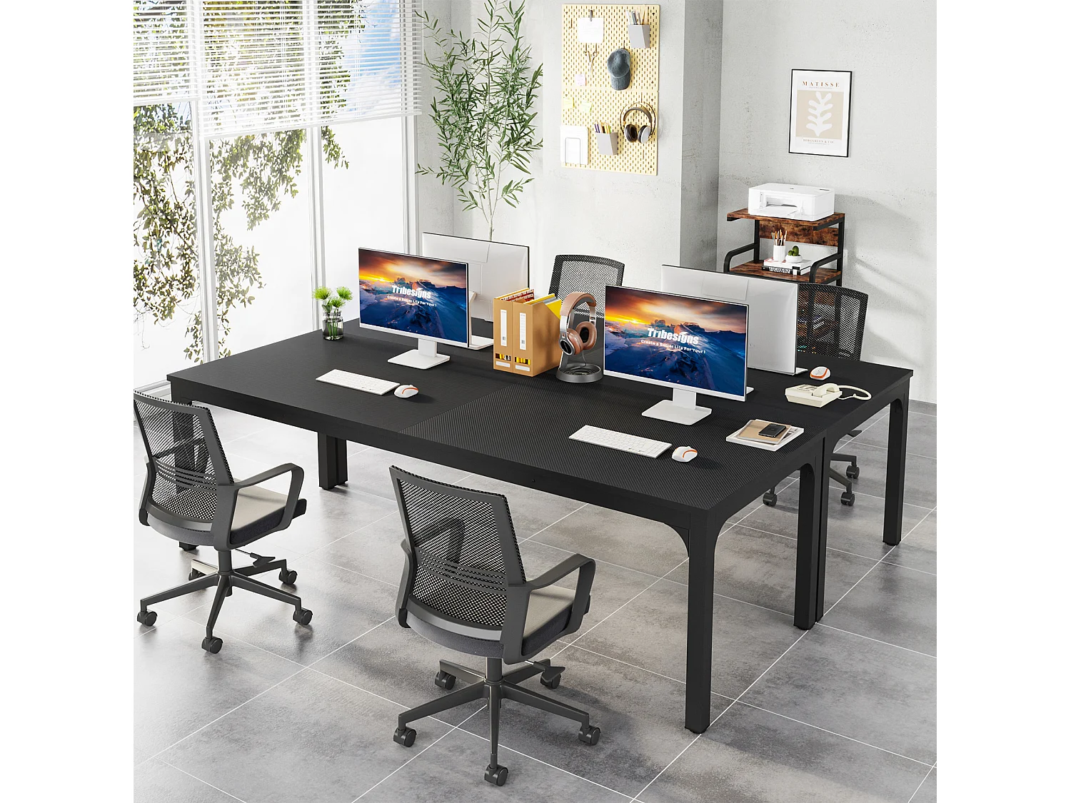 Bureau Informatique, Bureau pour Ordinateur Portable, Table d’étude, Table d'ordinateur Portable, Double Bureau Long 200 x 70 x 75 cm, Noir
