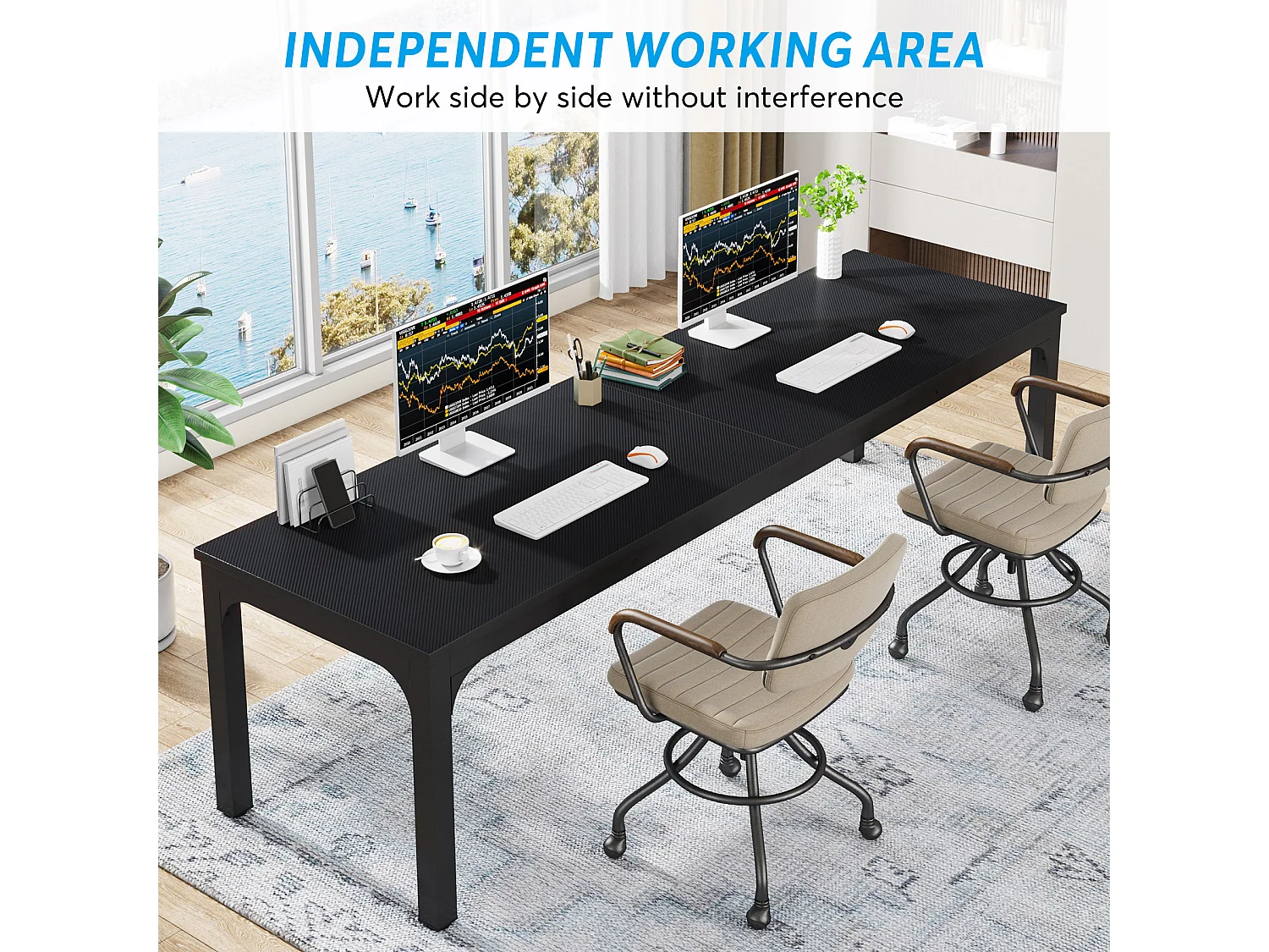 Bureau Informatique, Bureau pour Ordinateur Portable, Table d’étude, Table d'ordinateur Portable, Double Bureau Long 200 x 70 x 75 cm, Noir