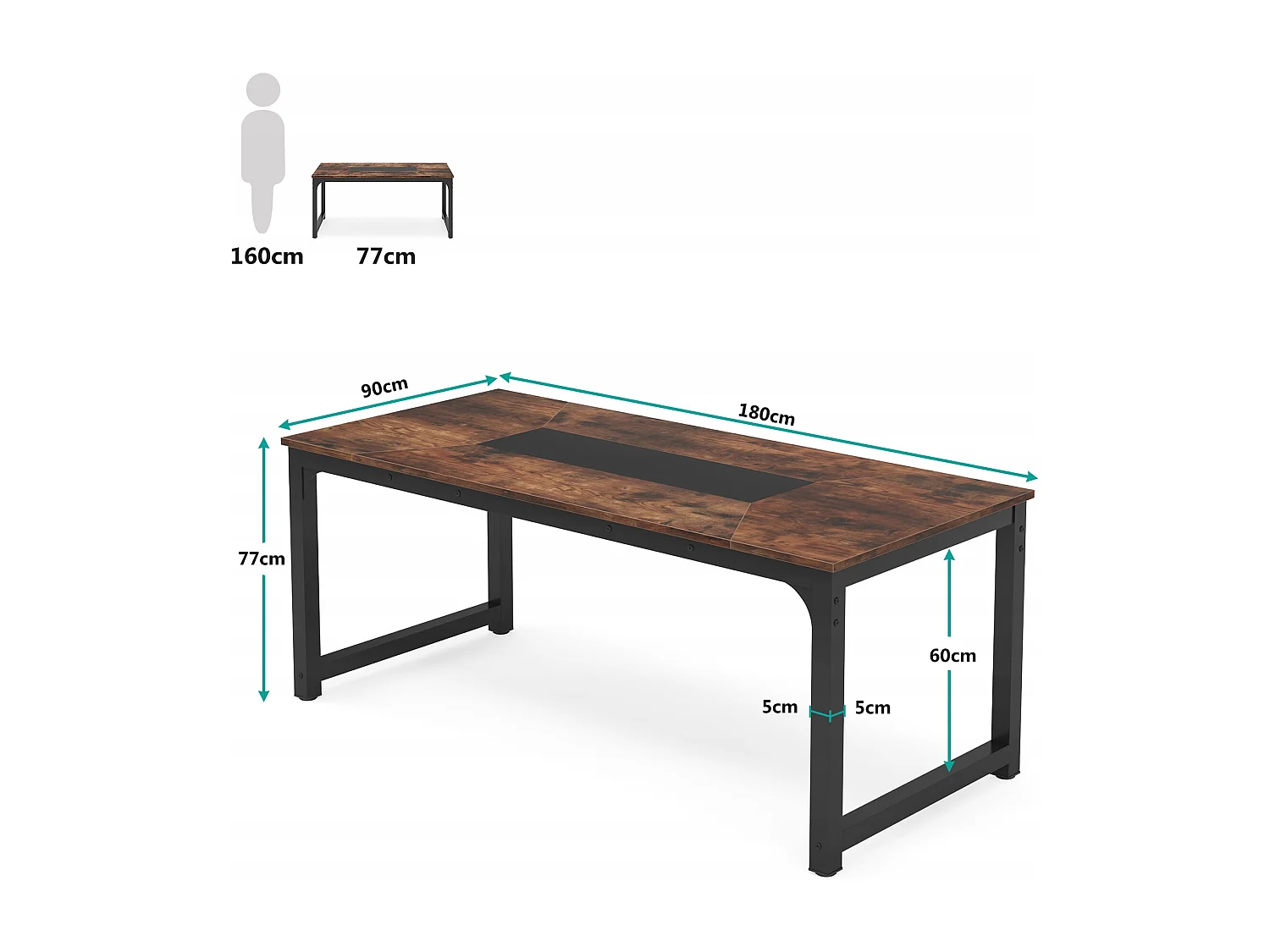 Bureau Informatique, Bureau pour Ordinateur Portable, Table d’étude, Bureau d’étude pour Le télétravail, 180 x 90 x 77 cm, Marron Rustique
