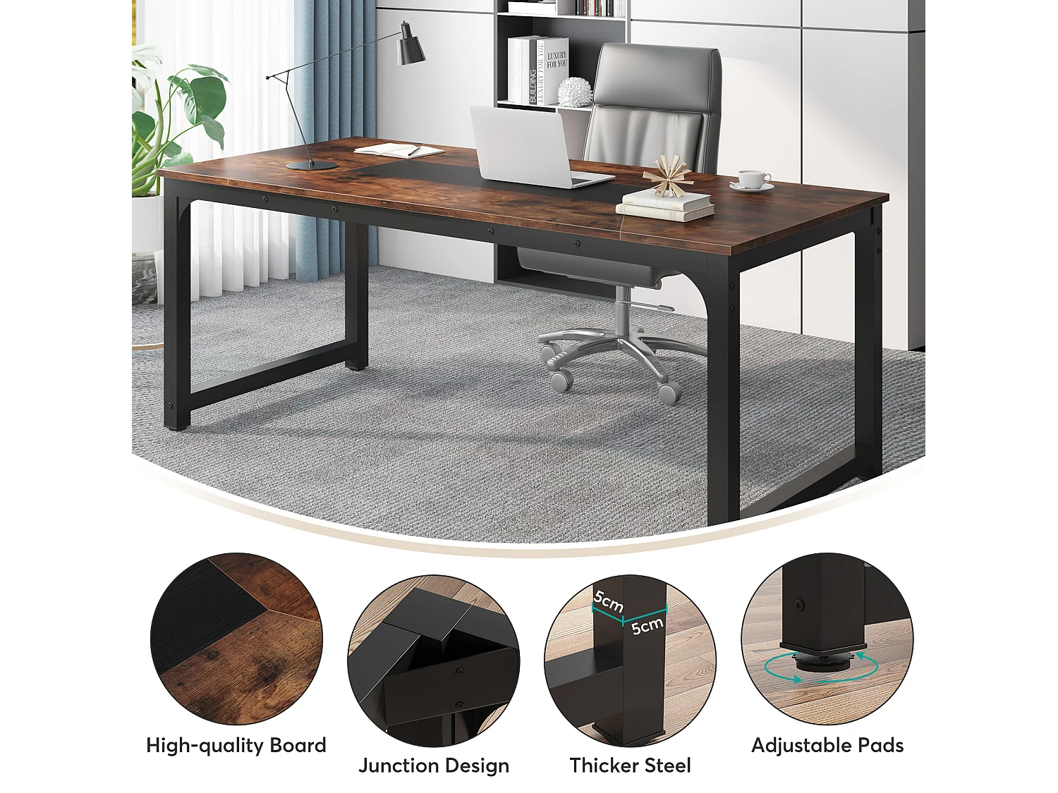 Bureau Informatique, Bureau pour Ordinateur Portable, Table d’étude, Bureau d’étude pour Le télétravail, 180 x 90 x 77 cm, Marron Rustique