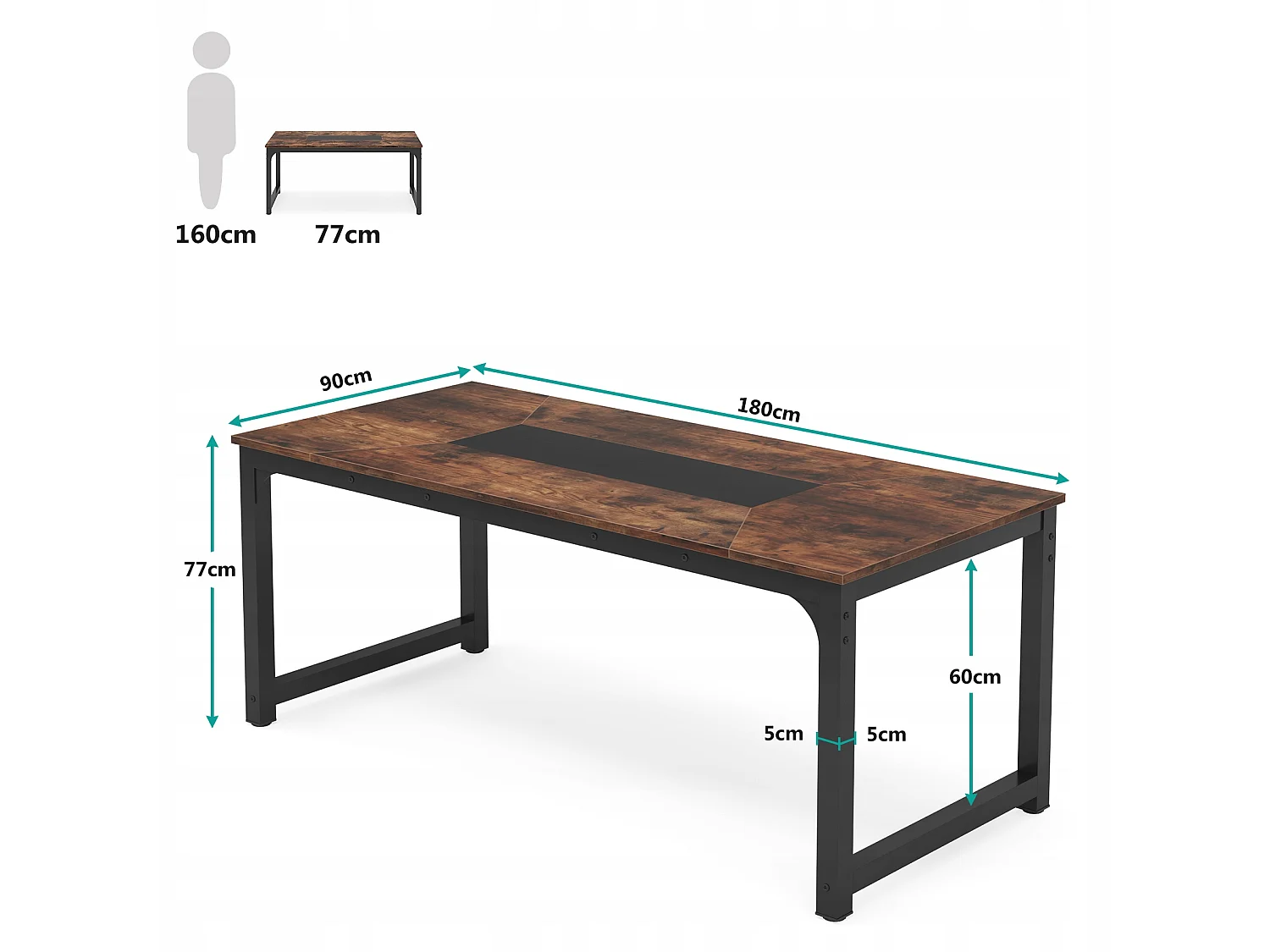 Bureau Informatique, Bureau pour Ordinateur Portable, Table d’étude, Bureau d’étude pour Le télétravail, 180 x 90 x 77 cm, Marron Rustique