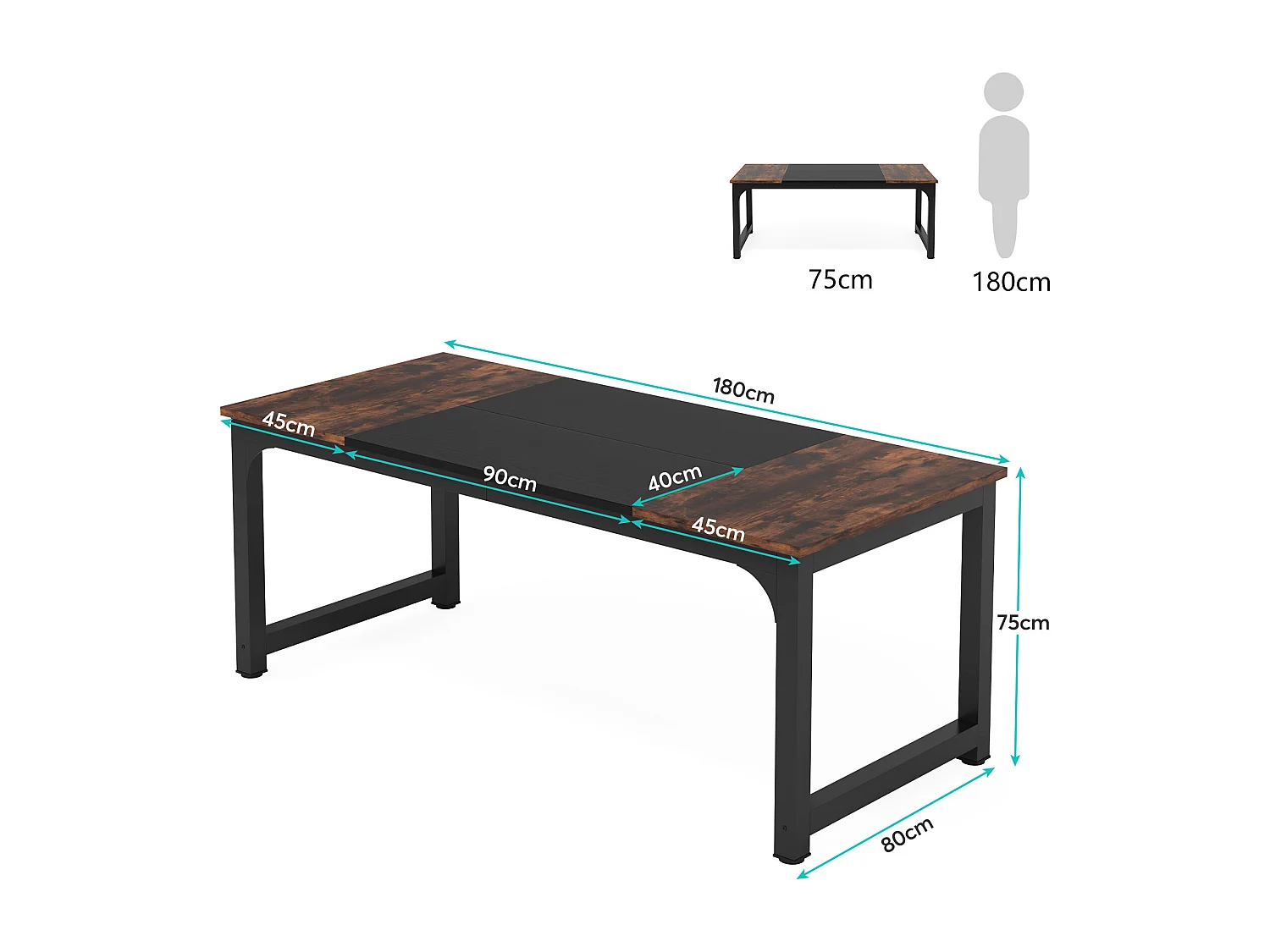 Bureau pour Ordinateur Portable,Table, Bureau d’étude pour Le télétravail, Poste de Travail pour Bureau, 180 x 80 x 75 cm