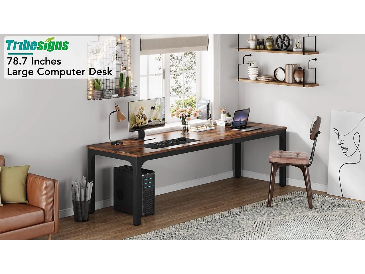 Bureau Informatique, Bureau pour Ordinateur Portable, Table d’étude, Table d'ordinateur Portable, Double Bureau Long 200 x 70 x 75 cm