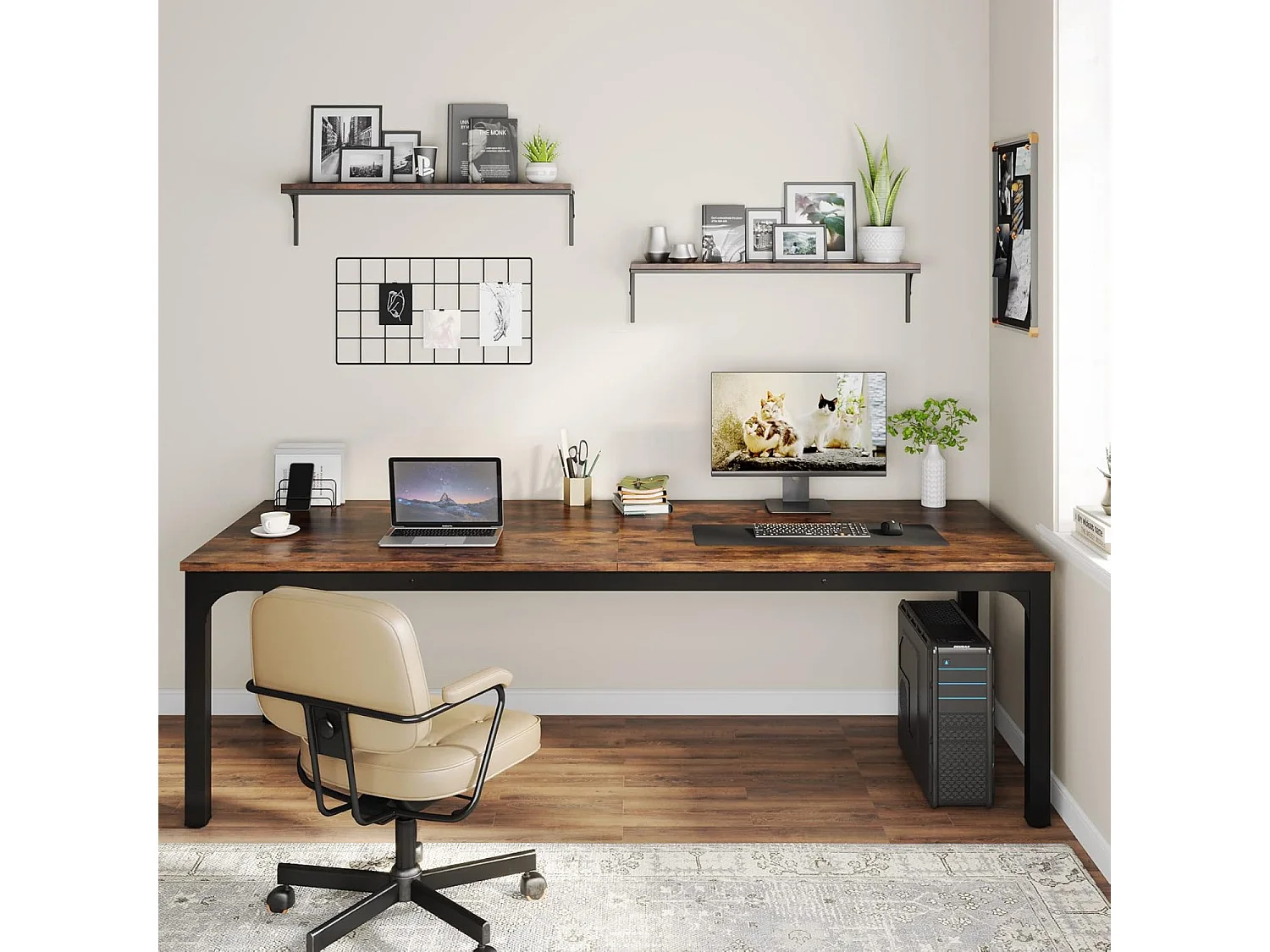 Tribesigns Computerbureau, Laptopbureau, Studeertafel, Draagbare Computertafel, Dubbel Lang Bureau voor Thuiskantoor Slaapkamer, 200 x 70 x 75 cm, Rustiek Bruin