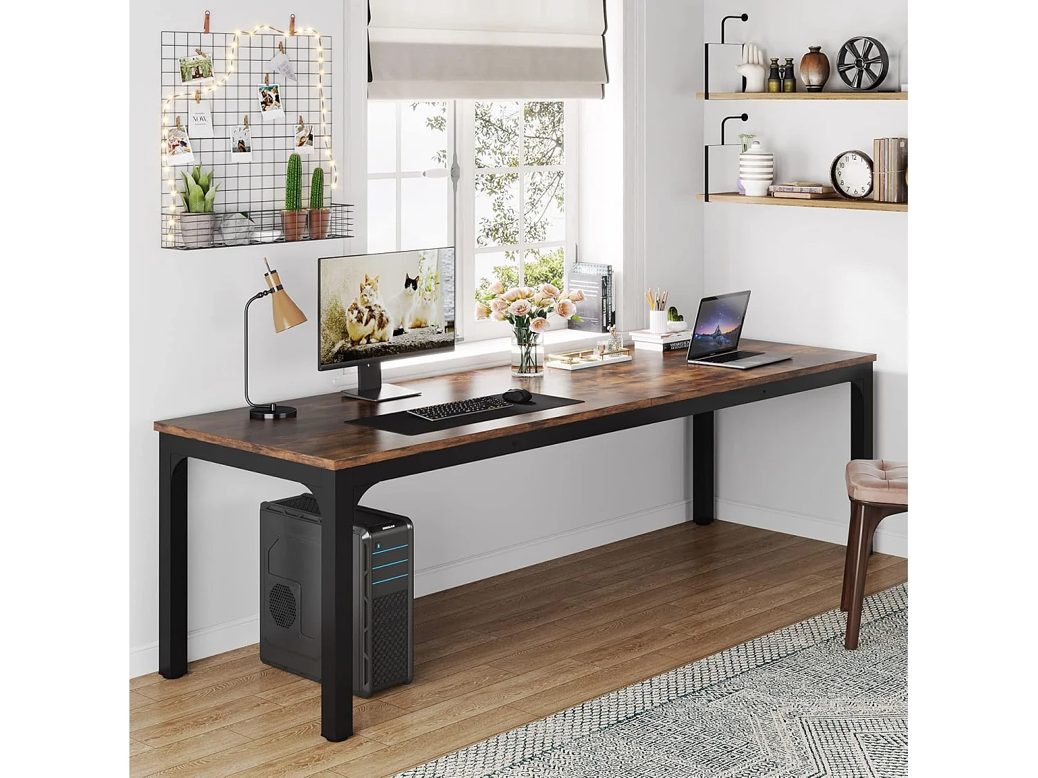 Tribesigns Computerbureau, Laptopbureau, Studeertafel, Draagbare Computertafel, Dubbel Lang Bureau voor Thuiskantoor Slaapkamer, 200 x 70 x 75 cm, Rustiek Bruin