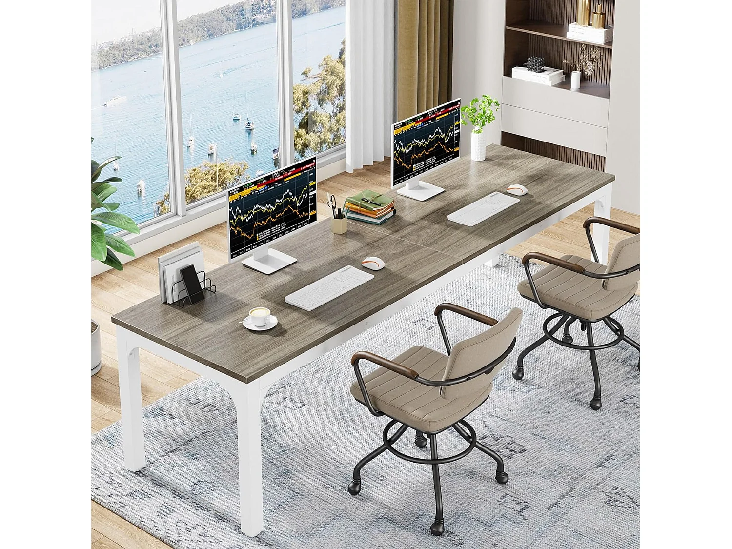 Bureau Informatique, Bureau pour Ordinateur Portable, Table d’étude, Table d'ordinateur Portable, Double Bureau Long, 200 x 70 x 75 cm