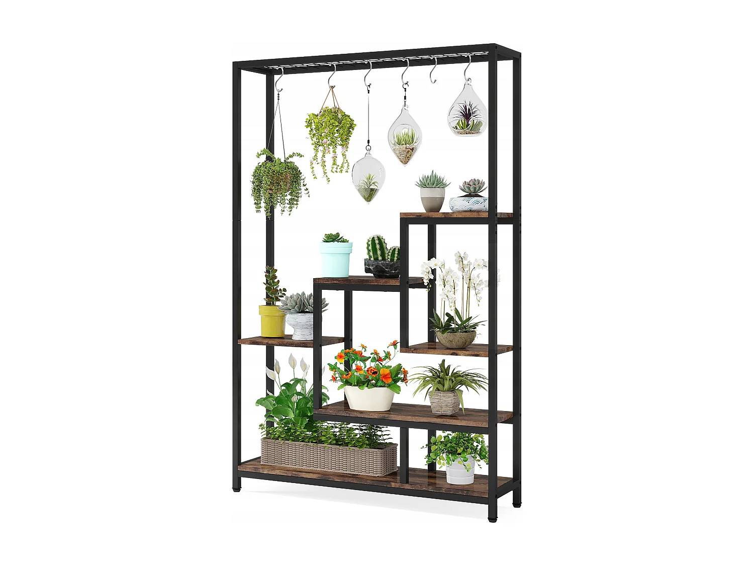 Tribesigns Support pour plantes d'intérieur à 5 niveaux - Grande étagère en métal de 180,1 cm avec 10 crochets de suspension en S - Multifonction - Pour intérieur, jardin, balcon, salon (Maron et Noir)