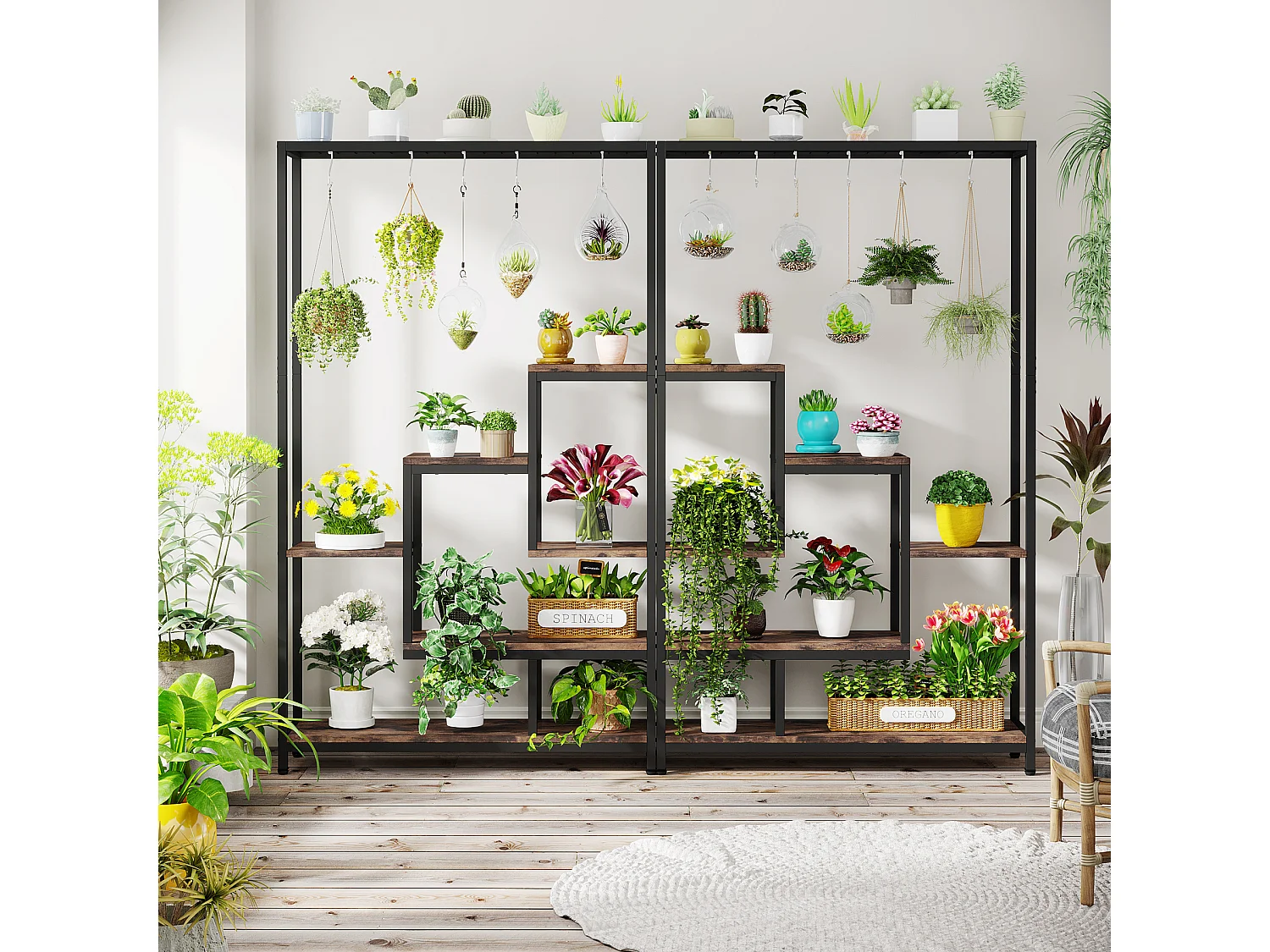 Tribesigns Support pour plantes d'intérieur à 5 niveaux - Grande étagère en métal de 180,1 cm avec 10 crochets de suspension en S - Multifonction - Pour intérieur, jardin, balcon, salon (Maron et Noir)